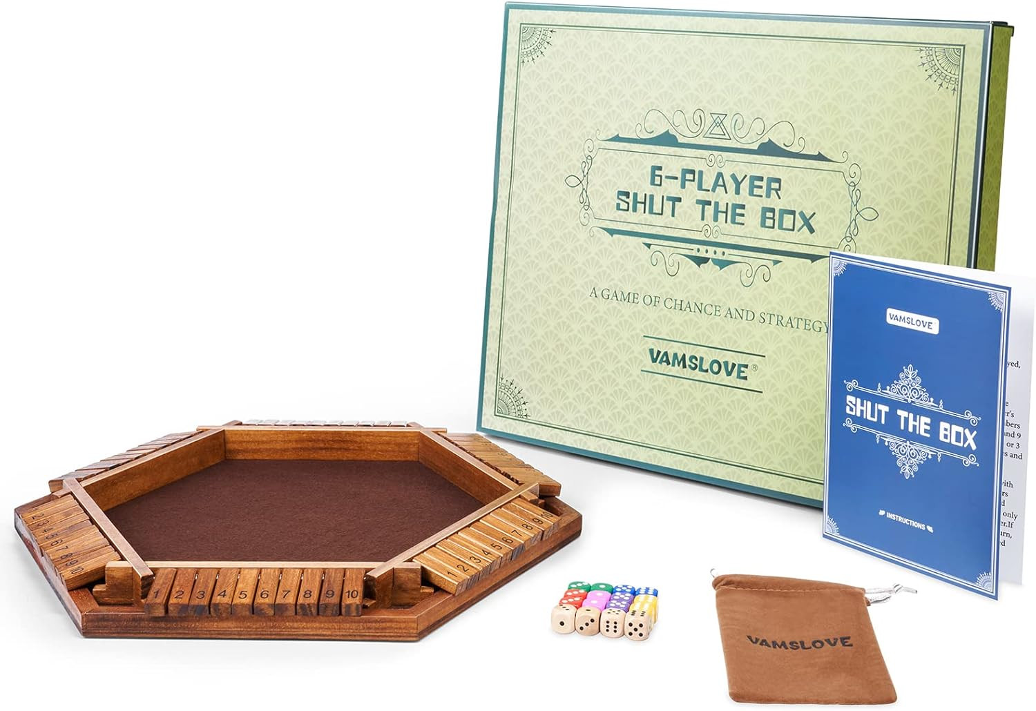 Shut The Box Dice Game Wooden Board (L15 x W13) for 1 2 3 4 5 6 Player, 6 Sided