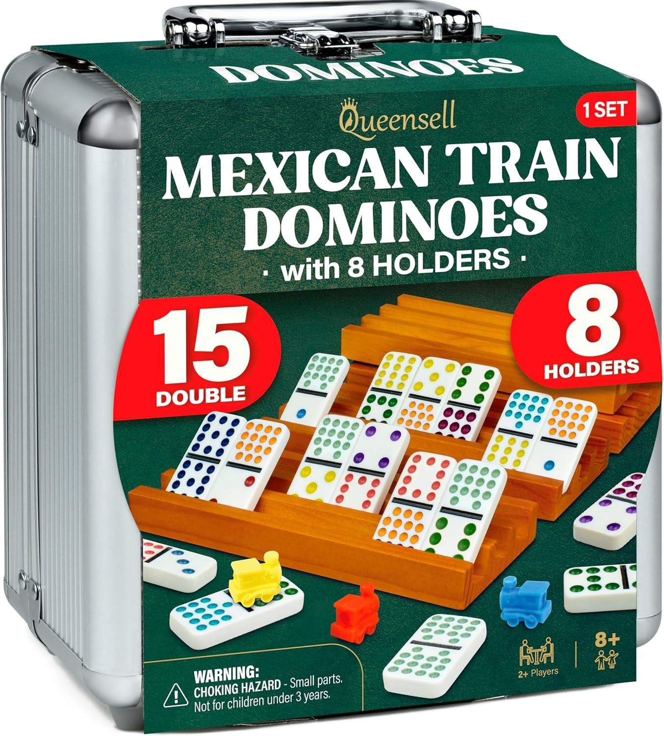 Queensell Mexican Train Dominoes Set Double 15 with 8 Holders – Wooden Hub and T