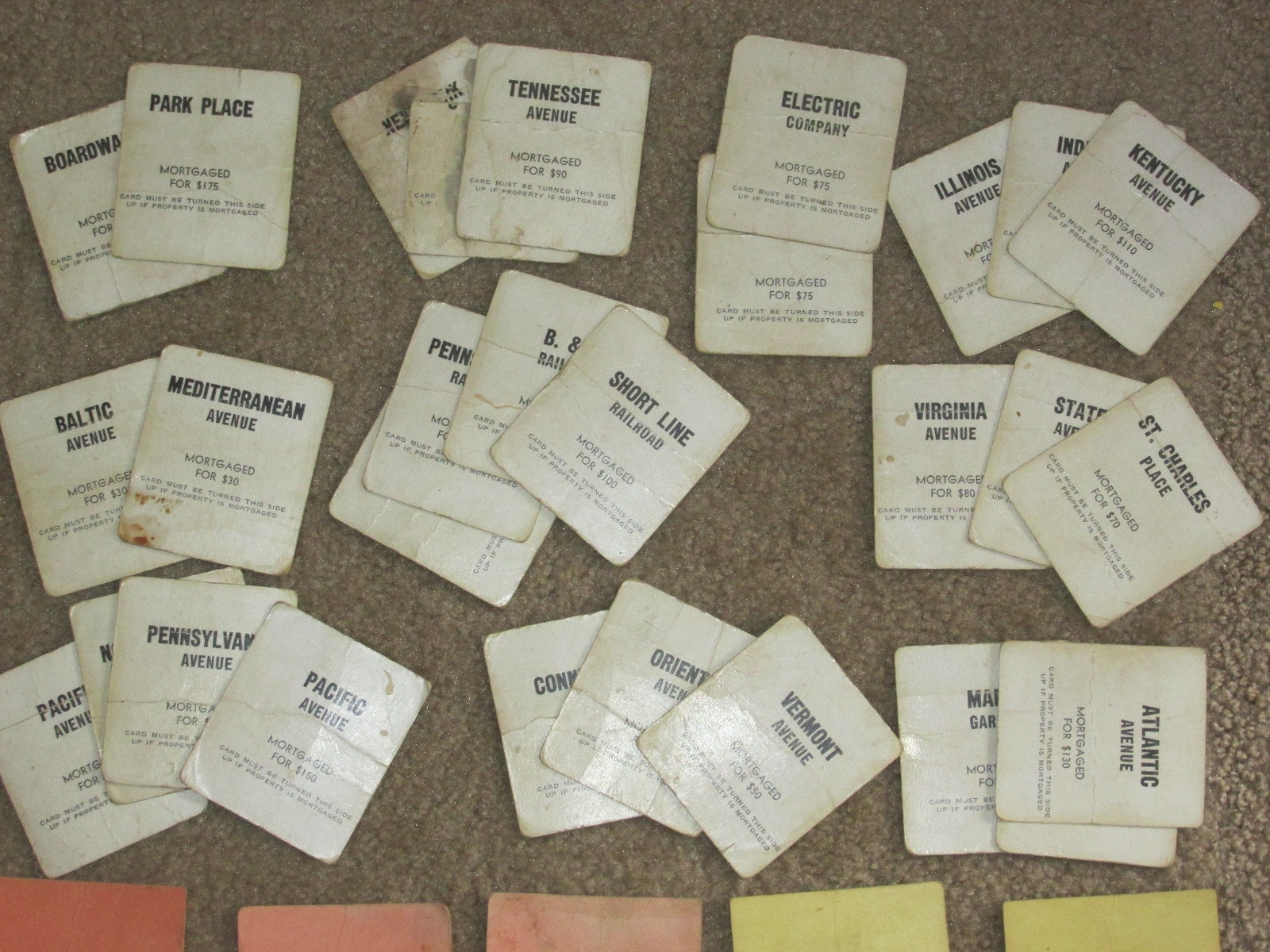 Vintage Monopoly Cards, 2 Wooden Tokens & 24 Wooden Buildings ~1950’s-60’s~Used
