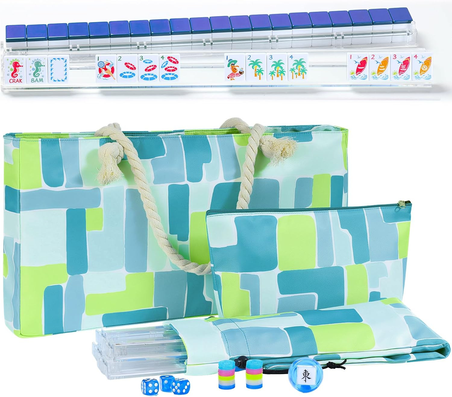 Summer American Mahjong Set: 160 Dark Blue Tiles, 4 Racks, Mahjong Bag and Acces