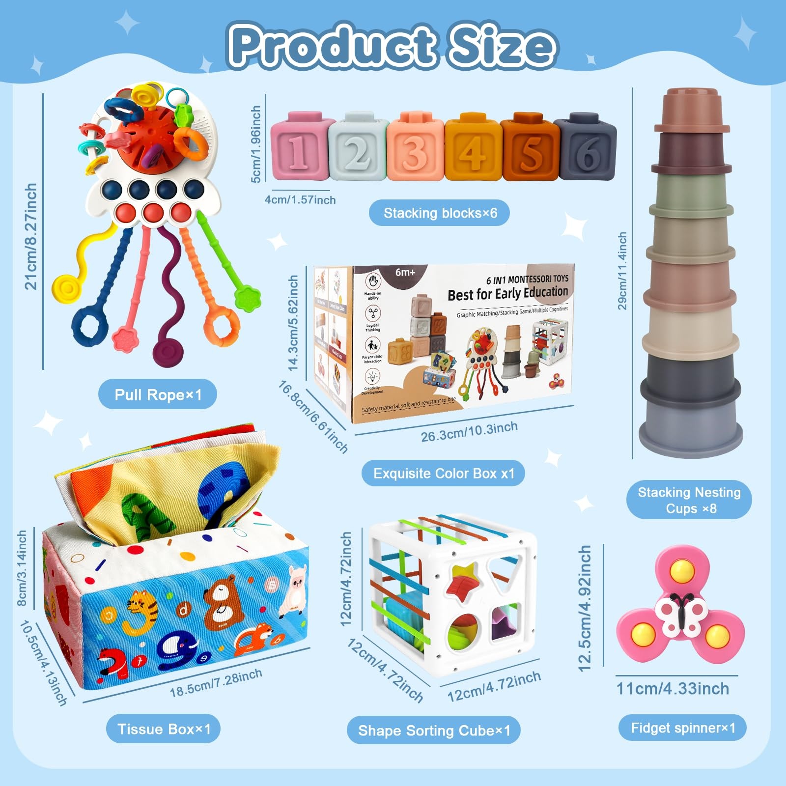 Baby Toy 6 in 1 Montessori Sensory Bin Stacking Cups Pull String EPOGG 6-12 1-3