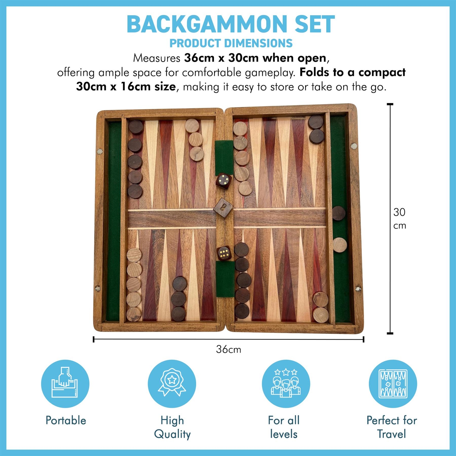 Wooden Inlaid Backgammon Set 36cm x 30cm Classic Game with Pieces & Dice