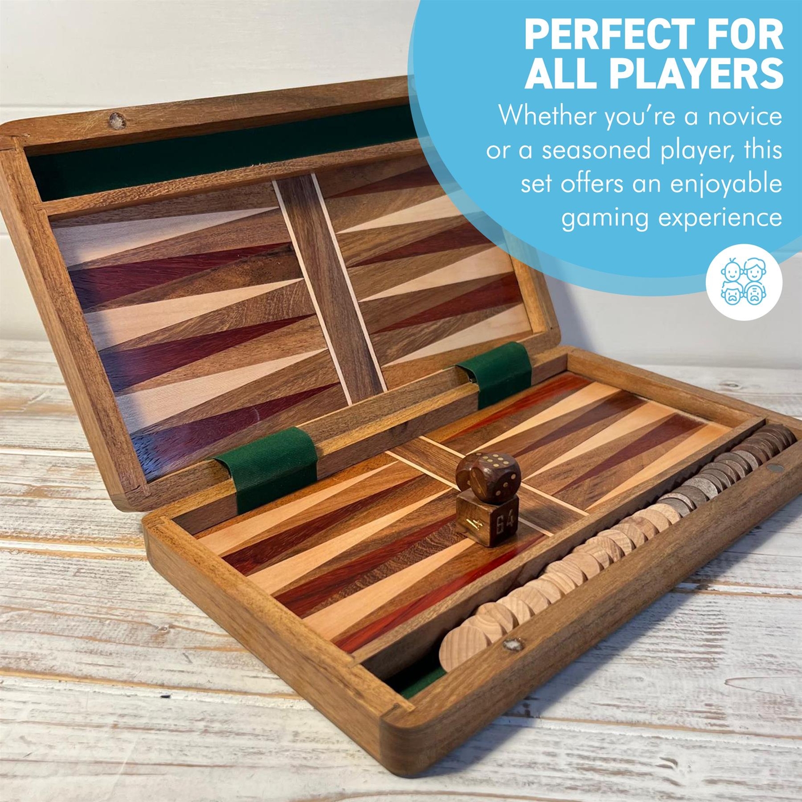 Wooden Inlaid Backgammon Set 36cm x 30cm Classic Game with Pieces & Dice