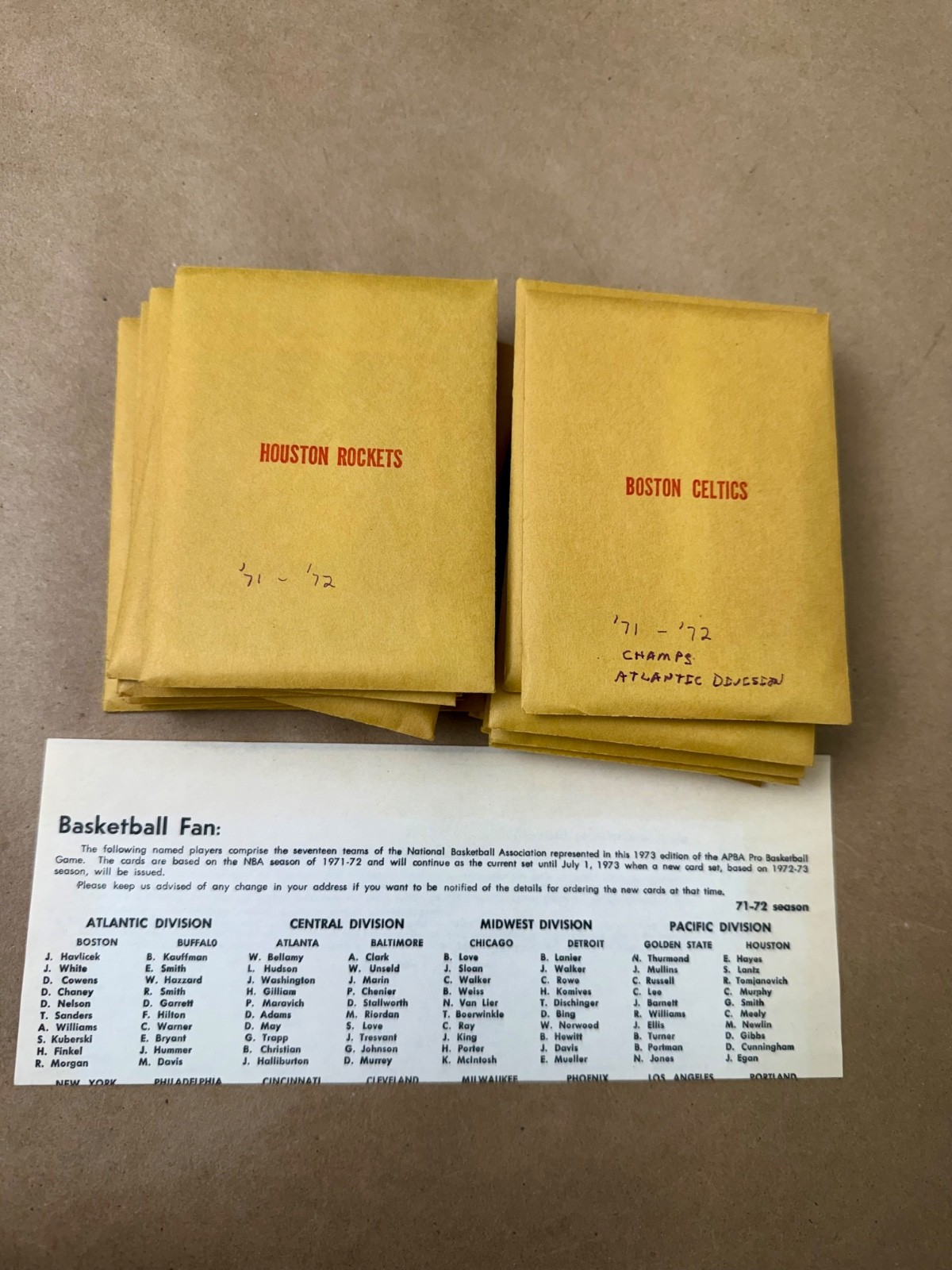 Vintage APBA Basketball Game Cards, Complete 1971-72 Basketball season