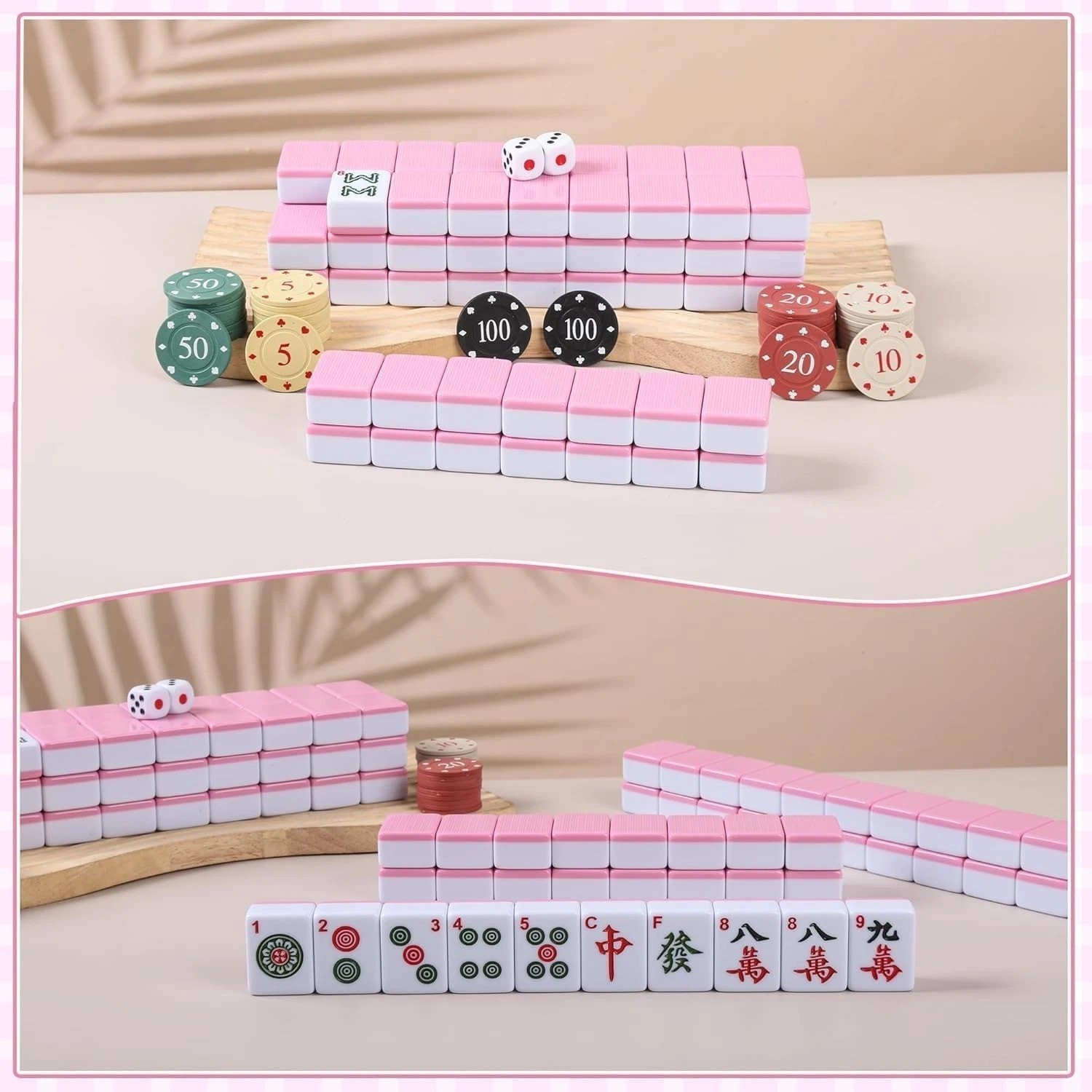 Chinese Mahjong Game Set, 144 Numbered Melamine 1.42″ Size TilesPink and 8 Bl…
