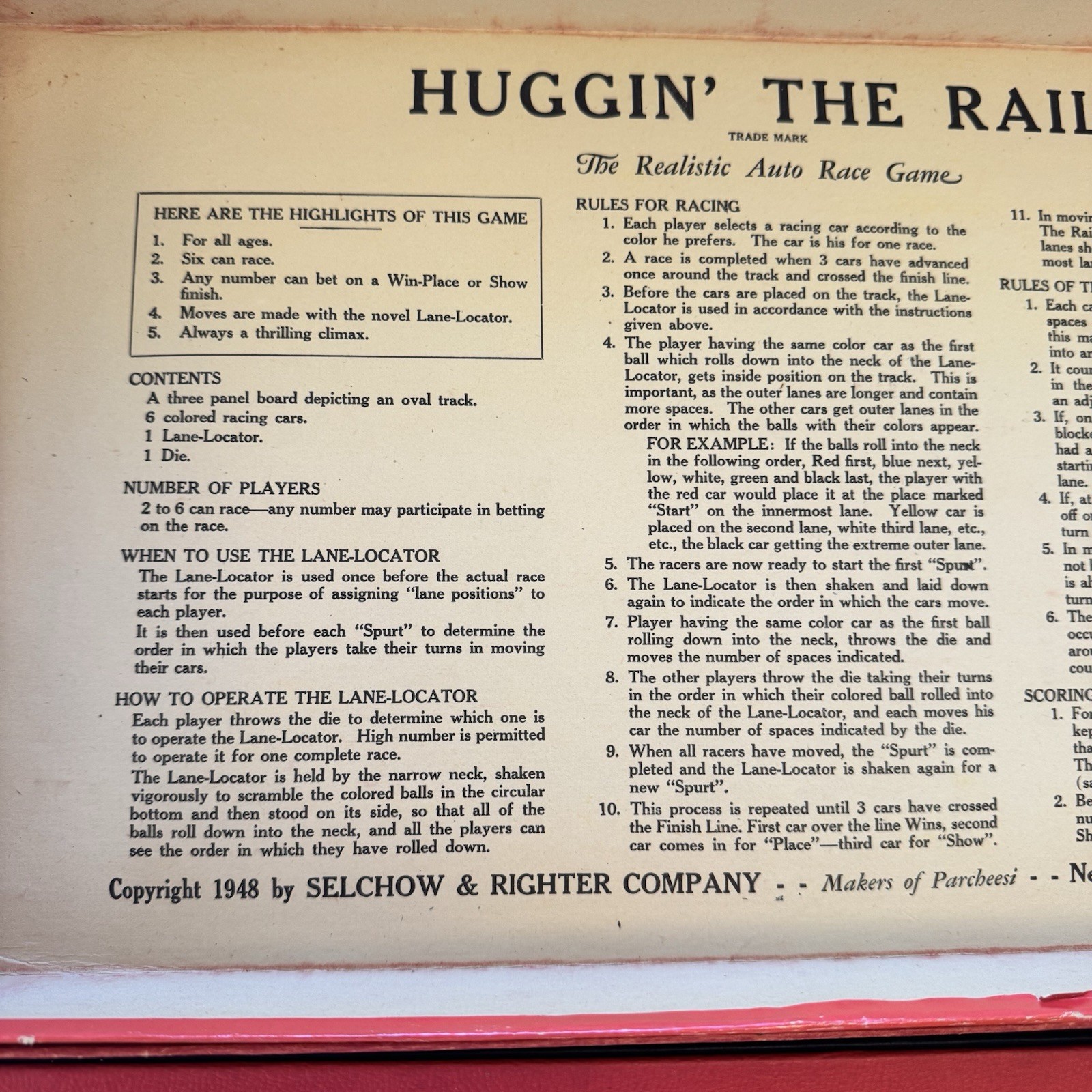 Vintage 1948 Selchow & Righter Huggin The Rail Motoring Auto Race Board Game