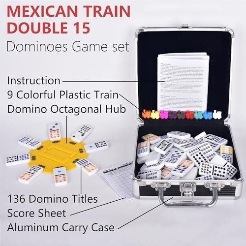 Dominoes Set Double 15 Colored Dot Mexican Train Game 136 Tiles Aluminum Case