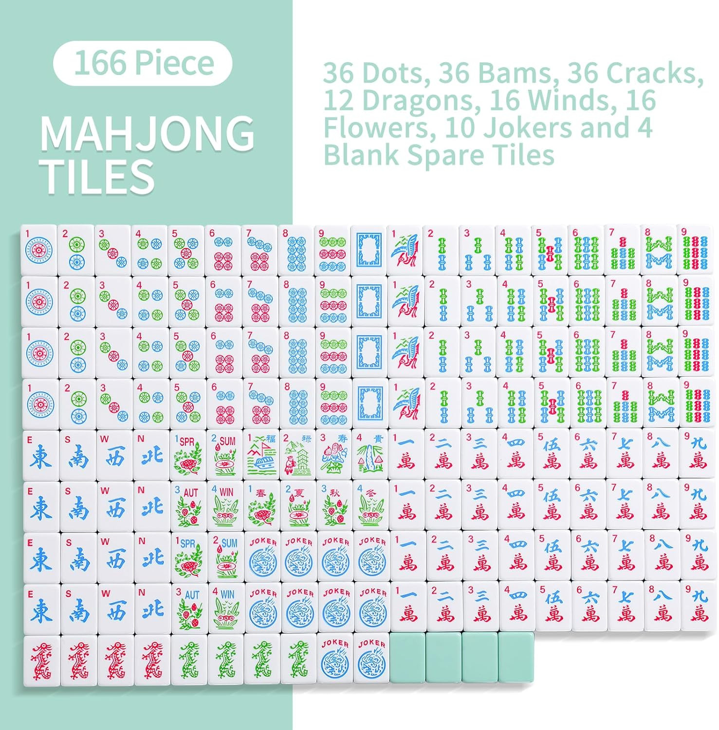 TIASUSAN 4 Layer Engraved American Mahjong Tile Set(Green), 166 Acrylic Mahjong