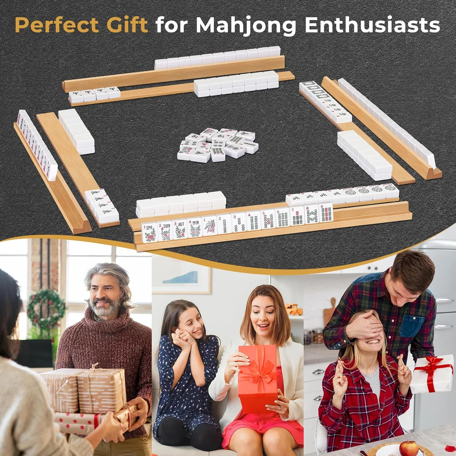 Mahjong Racks with Pushers Set of 4, All-In-One Tile Wooden Mahjong Racks 4 Stro
