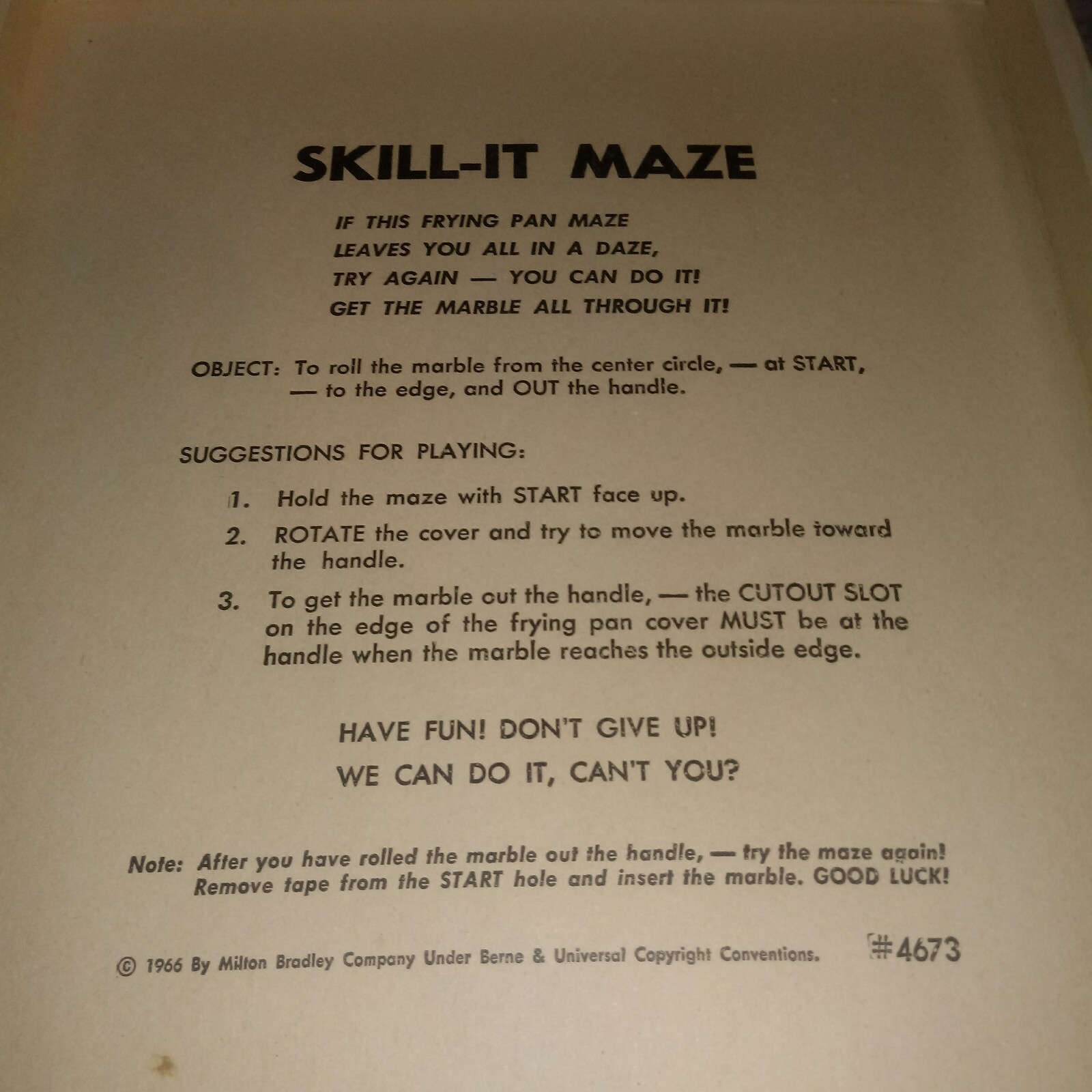 Vintage 1966 Milton Bradley Skill-it Frying Pan Maze Game, Original Box & Marble