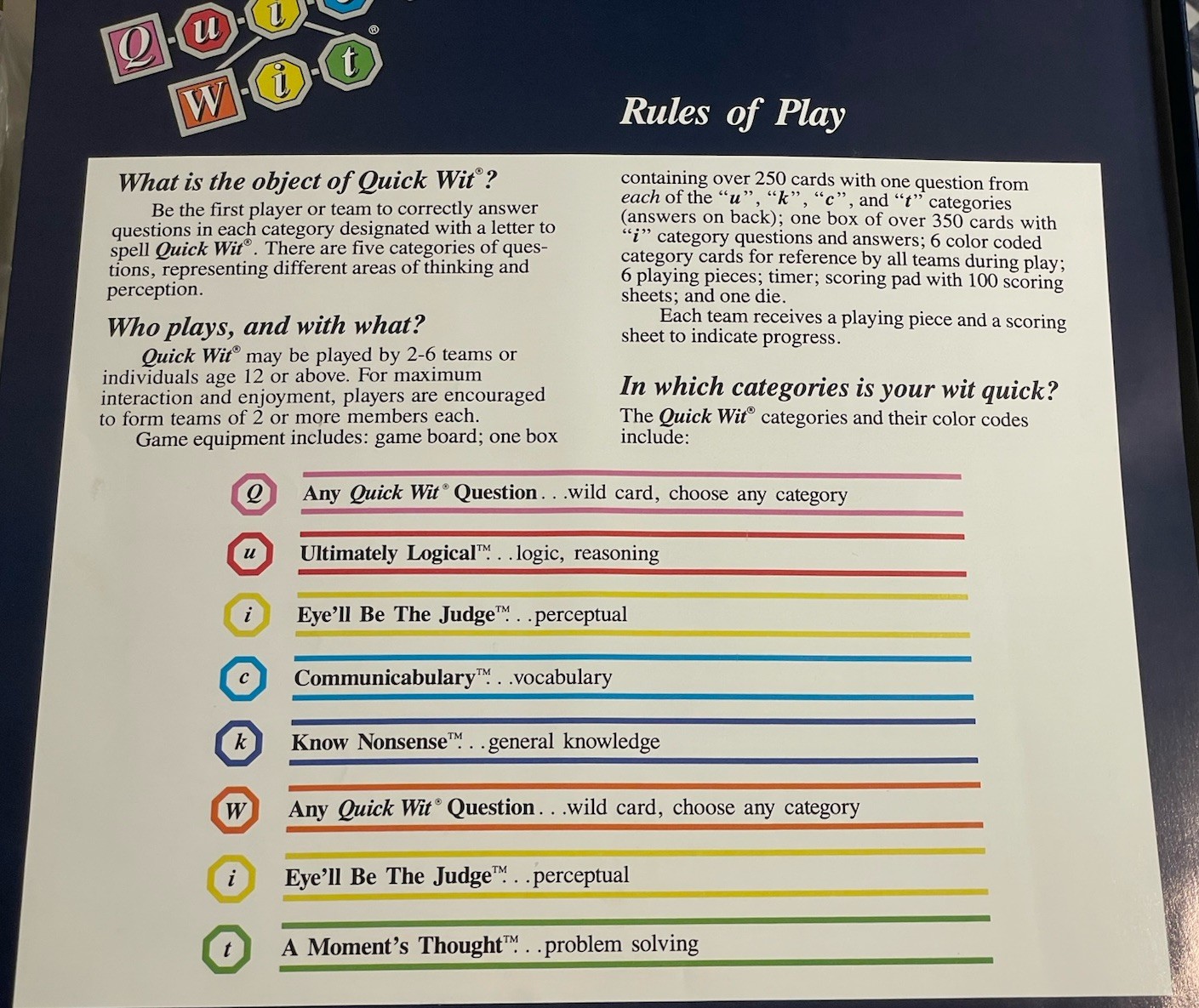 Quick Wit: The Uncommon Game Of Common Sense Vintage Board Game Family Fun