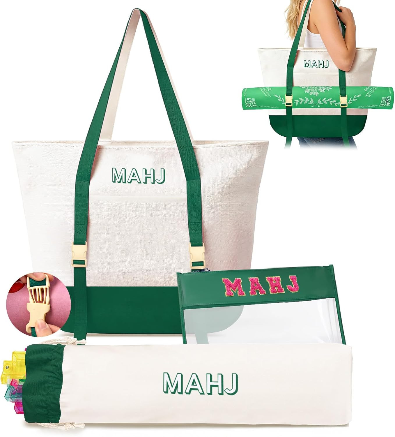 Empty Mahjong Tile Bags Set for American Tiles and Racks Canvas Tote Bag with Ma