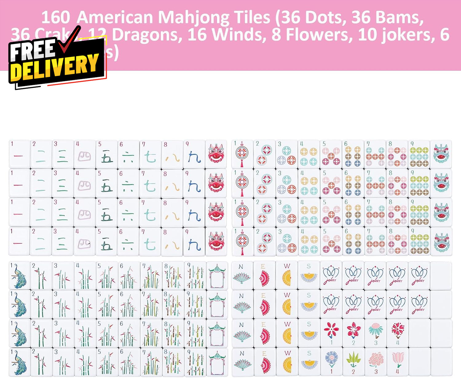 160 Pink Engraved American Mahjong Tiles Set with Carrying Bag and Accessories..