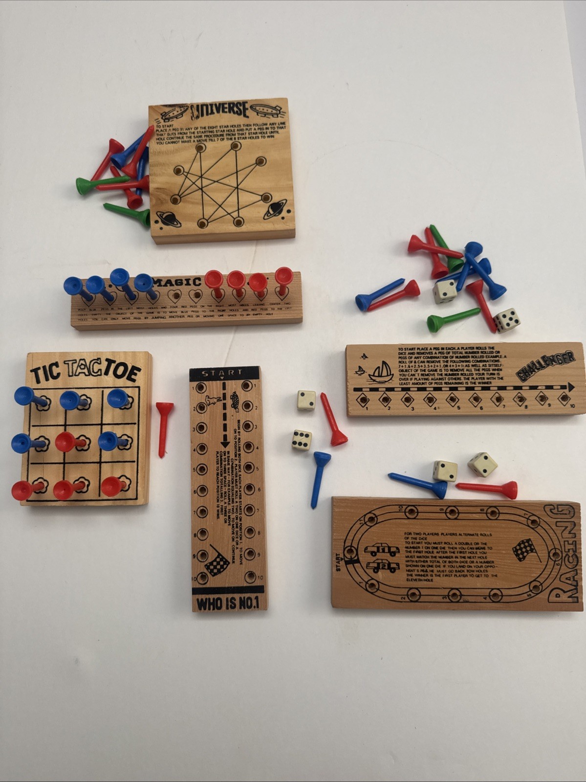 Lot Of 6 Wooden Peg Games, Tic Tac Toe, Universe, Magic, Racing, Challenger