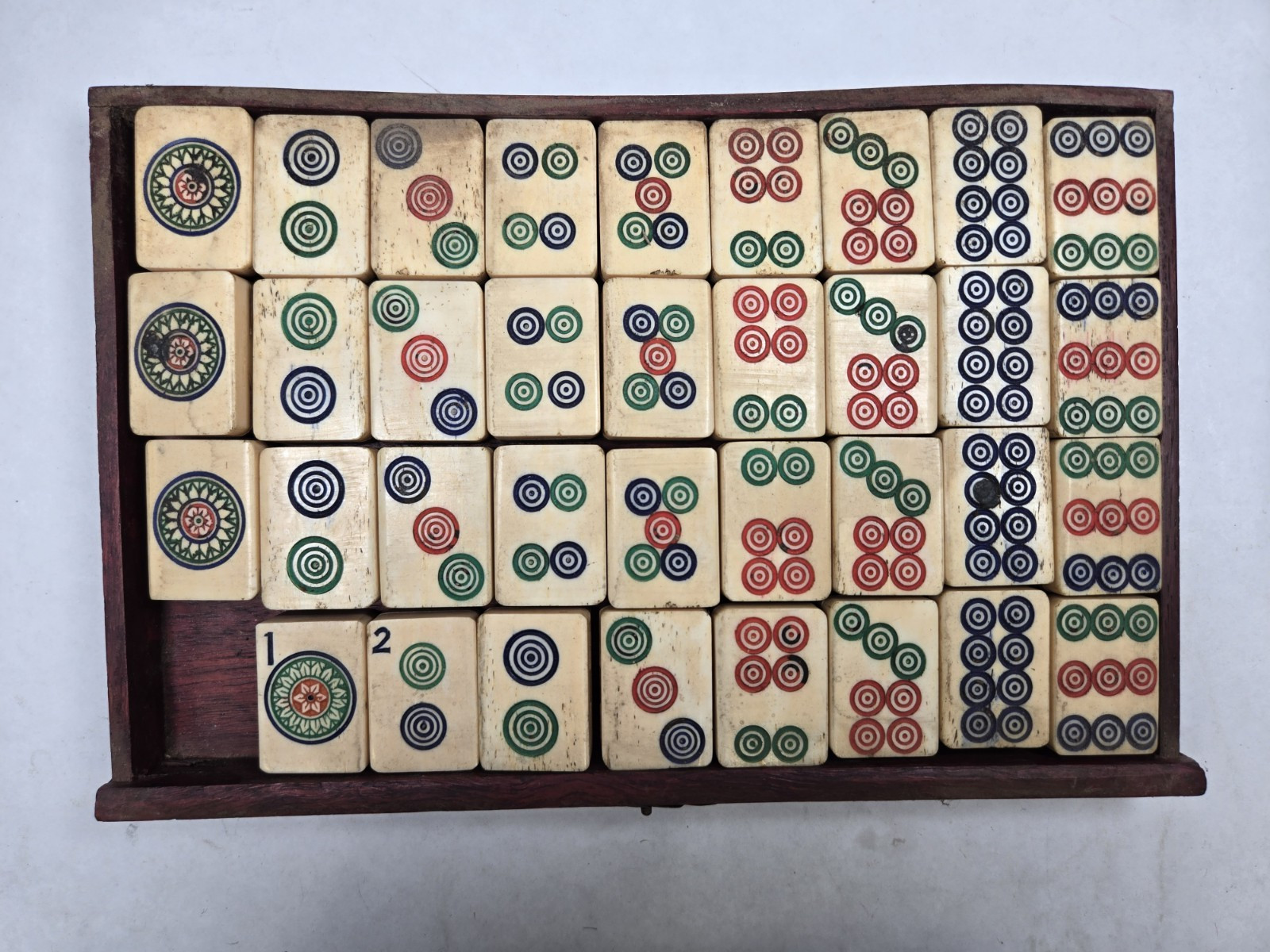 Mahjong Hand Carved Tiles in Original wood trays c.1920 Bamboo Bone 210 tiles +