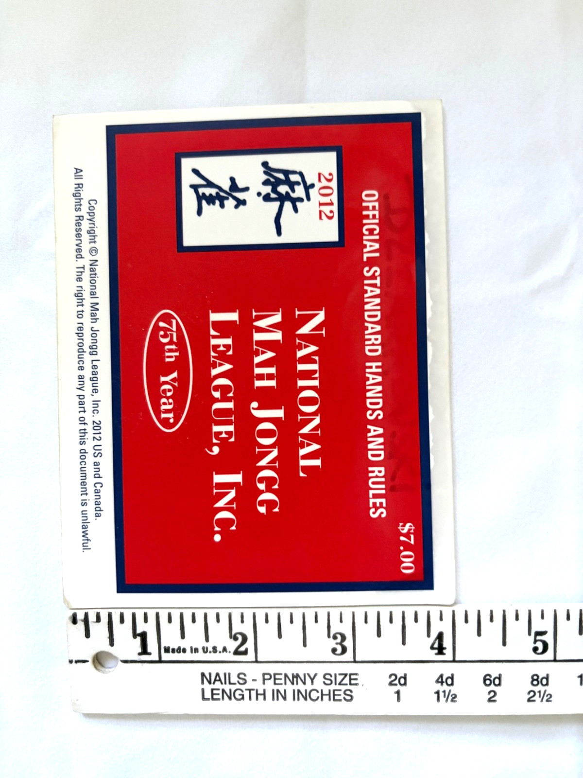2012 National Mah Jongg League 1 Card 75th YR Official Hands & Rules Standard