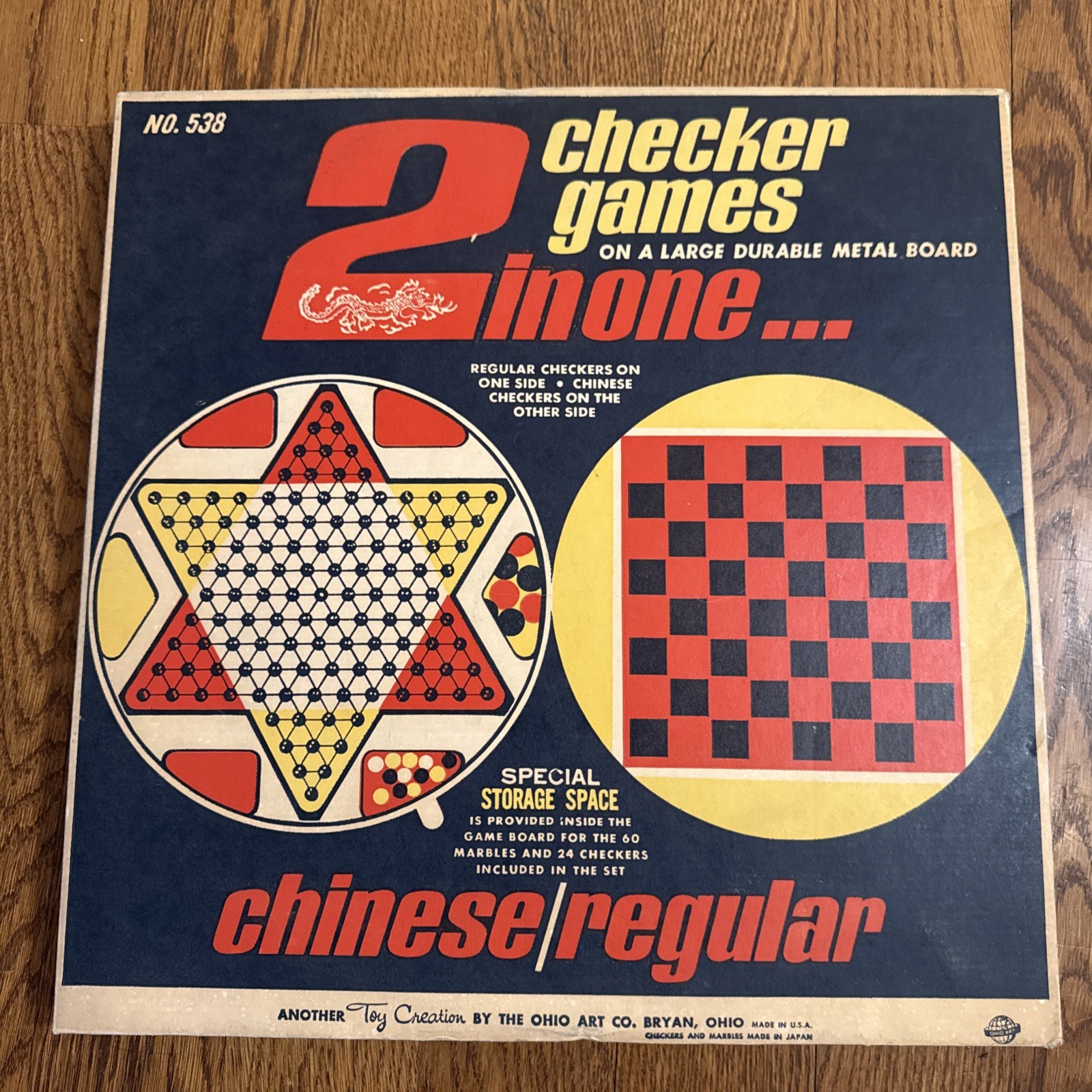 Vintage Chinese & Regular Checkers Metal Game Ohio Art #538 2-in-1 Box Board