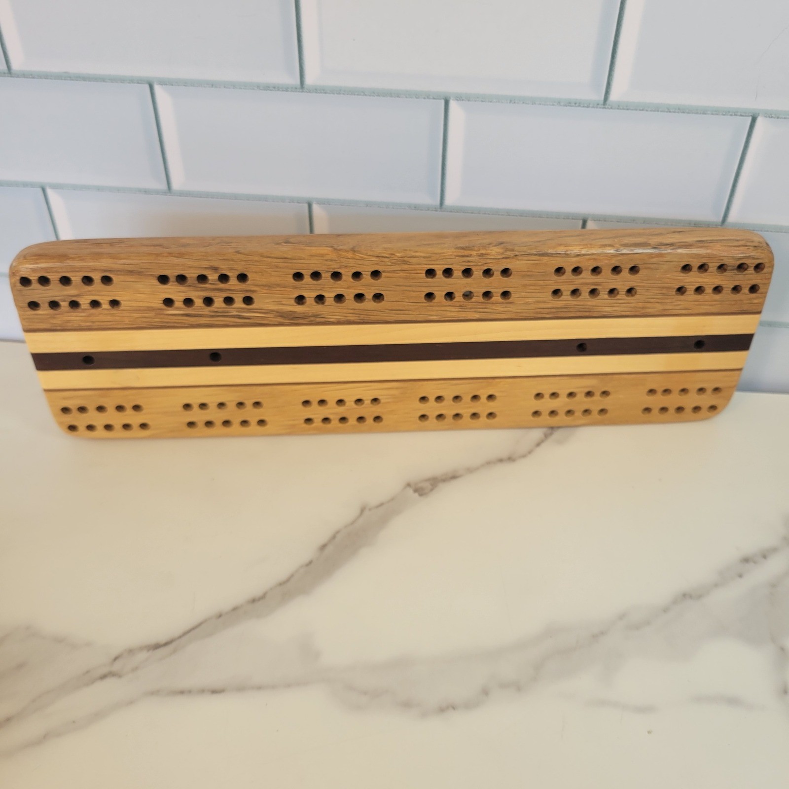 Vtg Hardwood Creations Cribbage Board Handmade Signed David Levy Metal Pegs Box