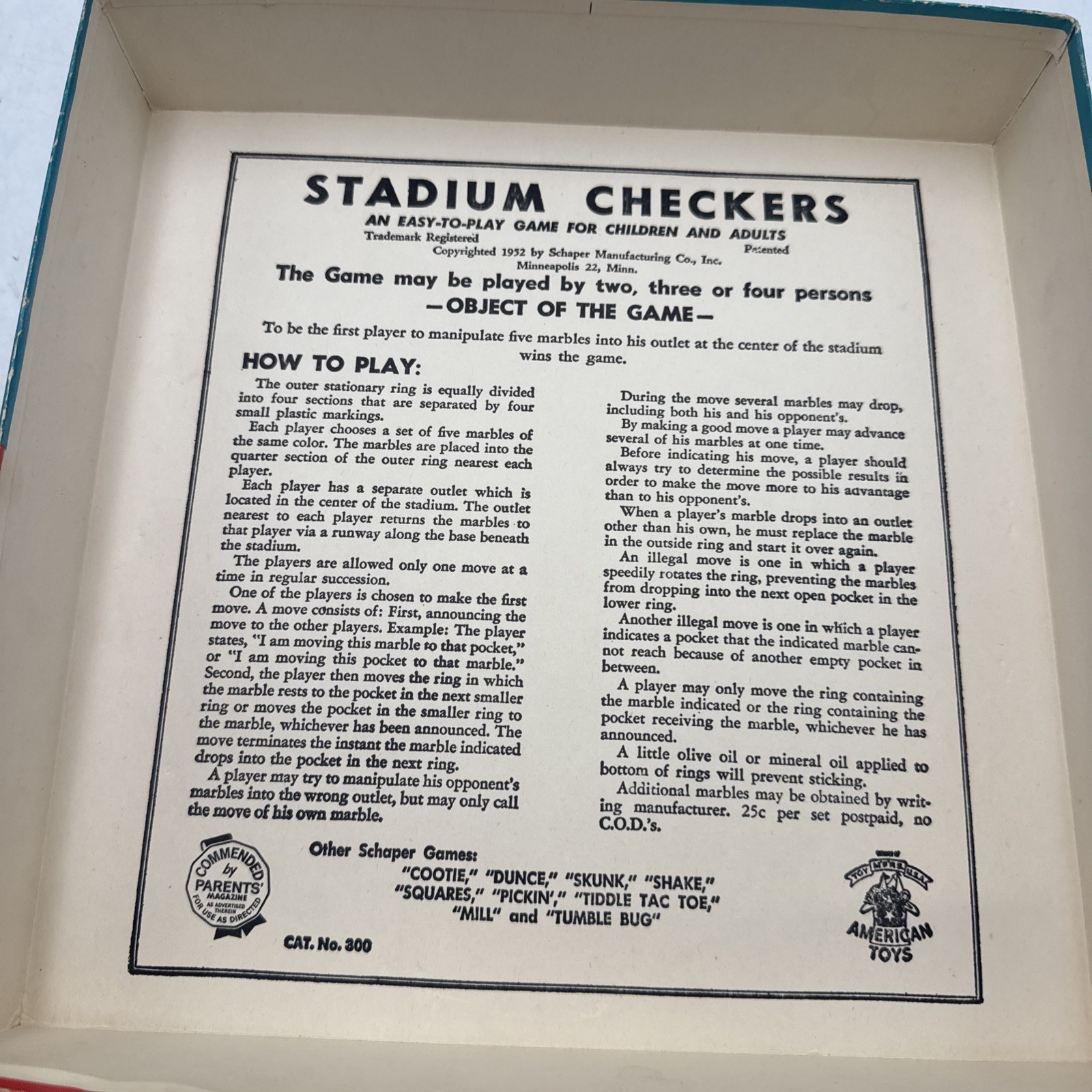 Vtg 1952 Stadium Checkers Board Game W. H Schaper Mfg Co. Complete Orig. Box
