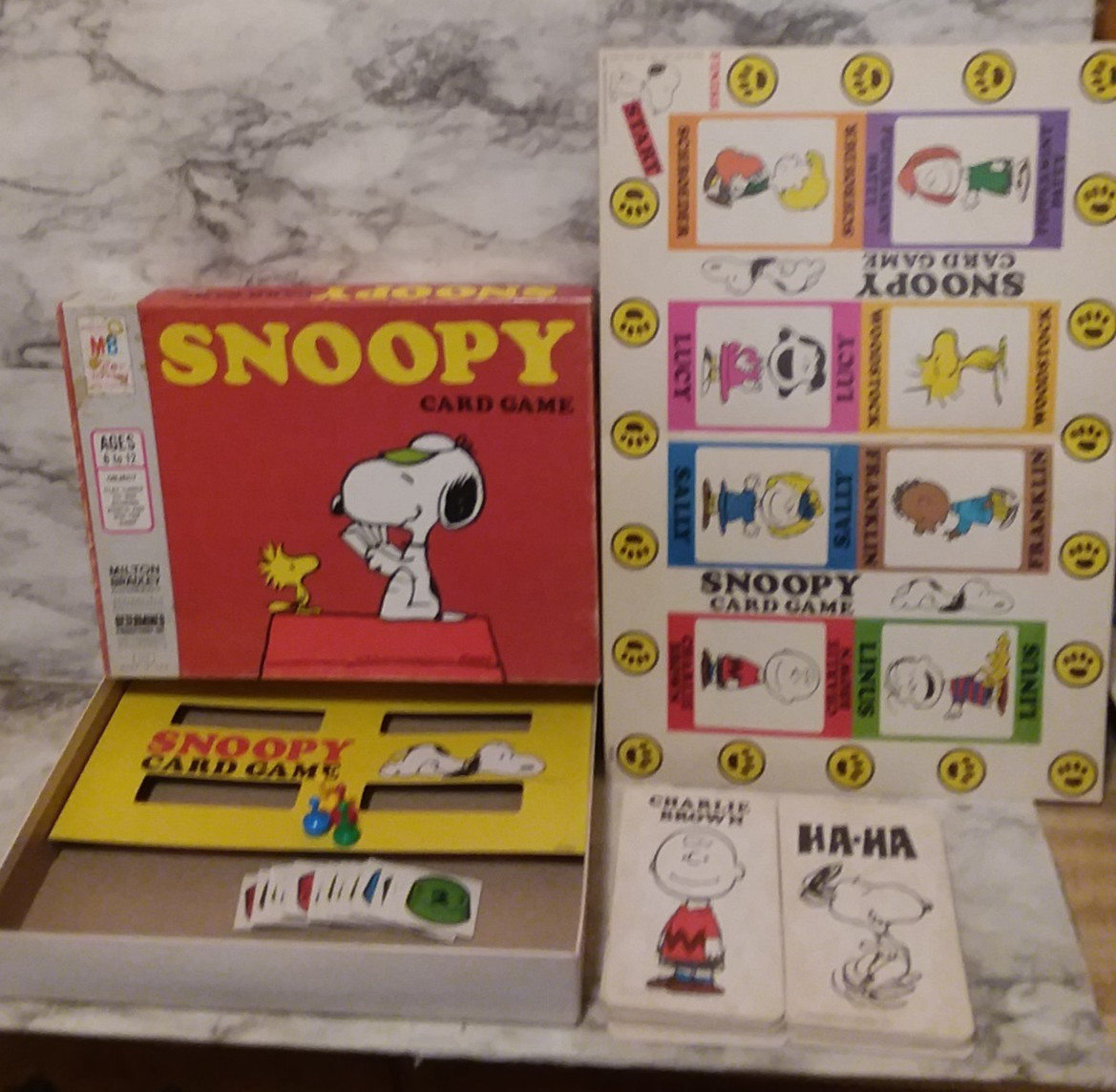 2 Vntg PEANUTS Game Lot – 1971 GOOD OL’ CHARLIE BROWN Board & 1974 SNOOPY Card