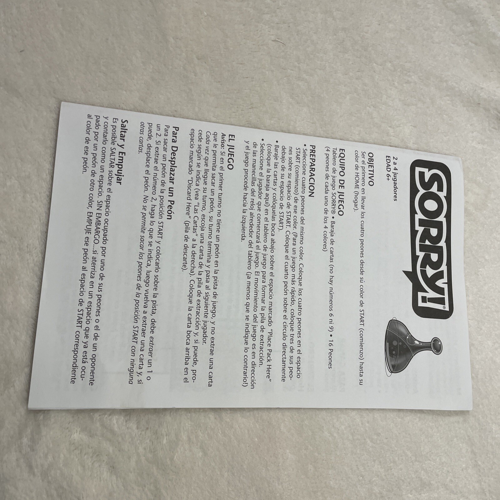 2005 Spanish Board Game Instruction Manual Replacement Part Only Hasbro