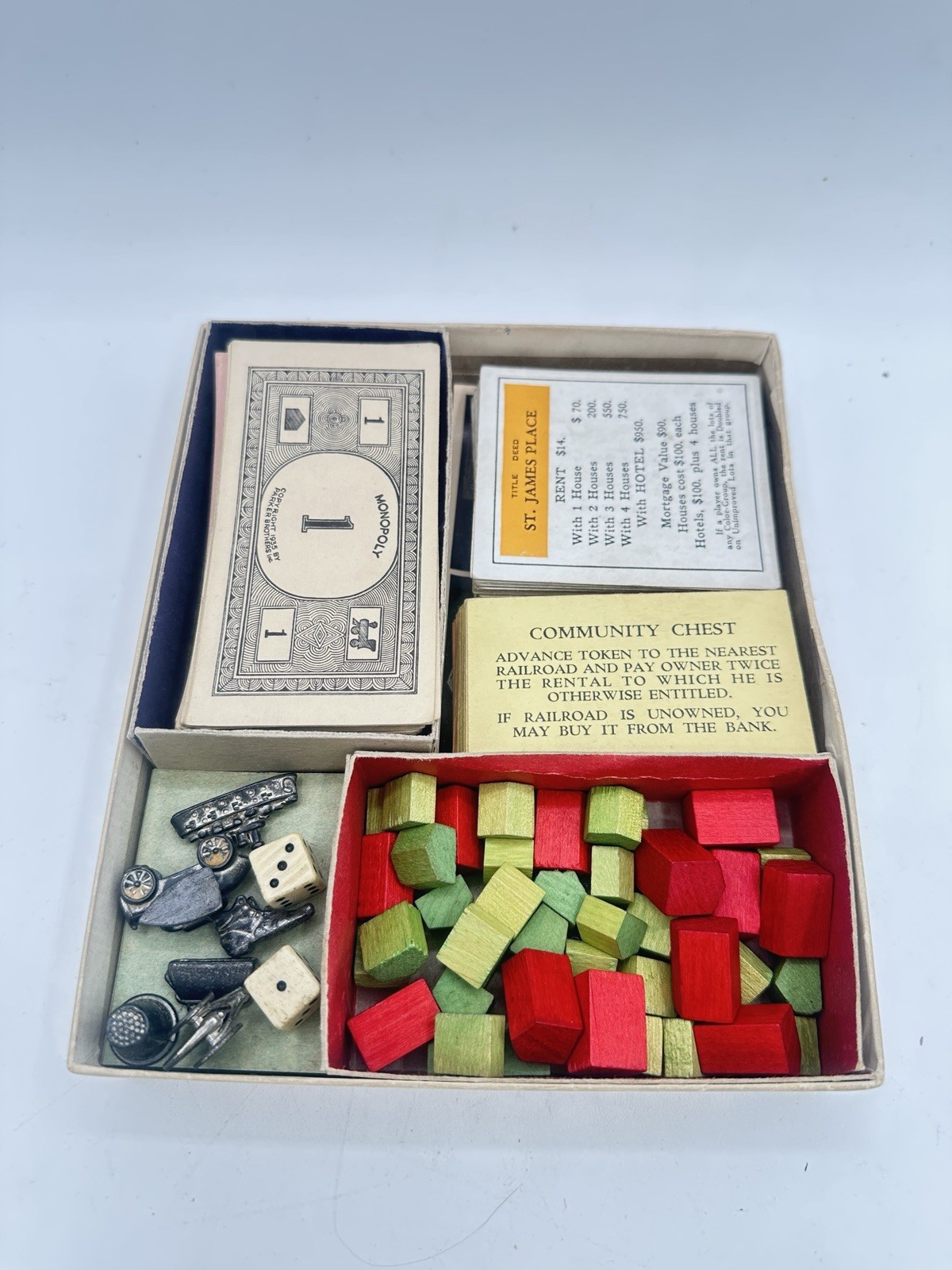 Vintage 1935 Monopoly Parts Set Metal Tokens Wood Houses NO BOARD Parker Bros