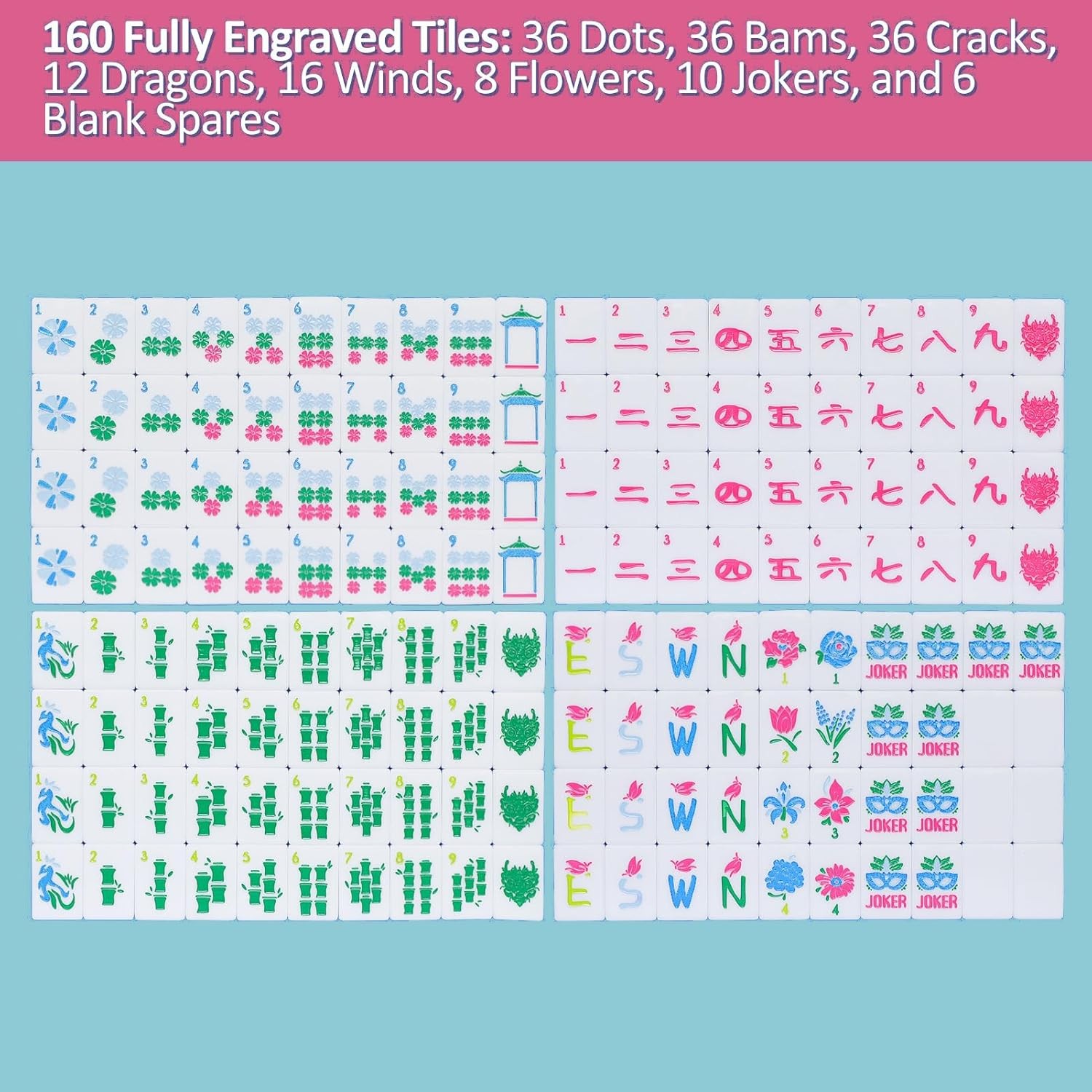 American Mahjong Tile Set(Pink) with Carrying Bag and Accessories, 160 Acrylic E