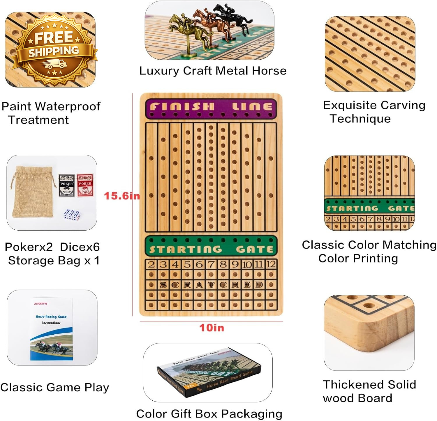 Horse Race Board Game with Luxury Metal Horses 4 Dice 2 Card Boxes and Thickened