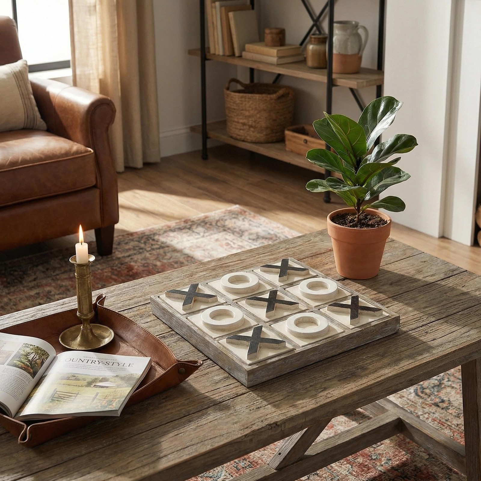 Jevergn 12.6 Large Wooden Tic Tac Toe Game Rustic Coffee Table Game Wood
