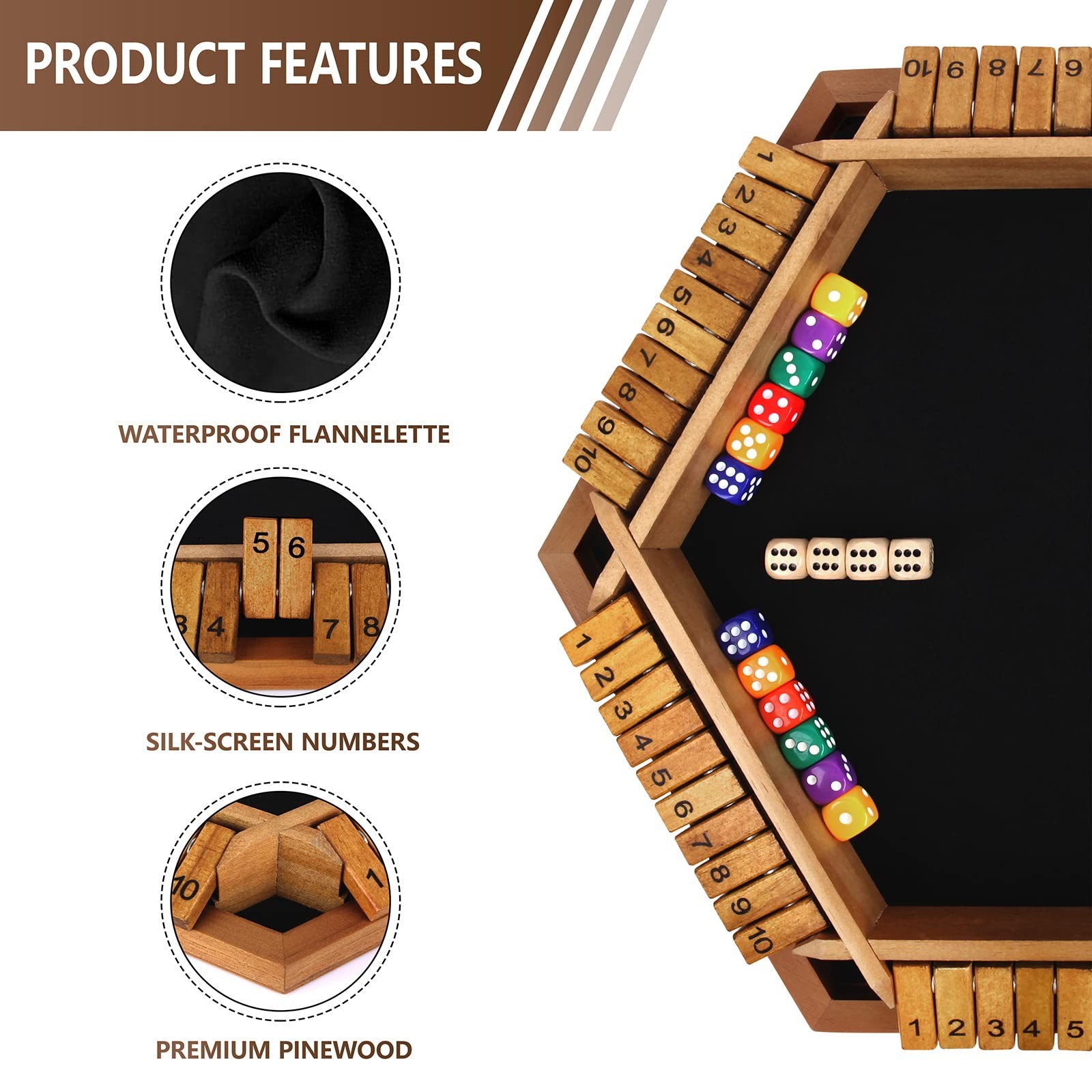 Nicecho 2-6 Players Shut The Box Dice Game, Wooden Board Table Math Game with…
