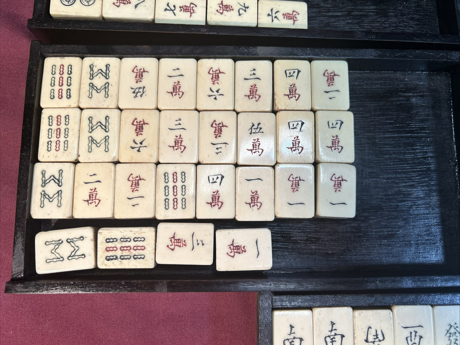 Vtg Chinese Mahjong Tiles Set w Characters Inlay Drawers Box Chest