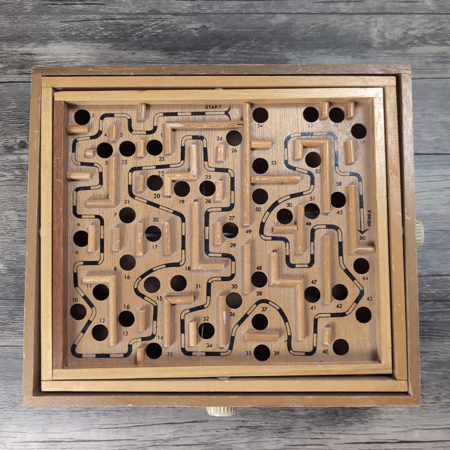 Vtg 1960s Marble Labyrinth Wood Tilt Maze 2 Knob Game Missing Ball 13×11.5″