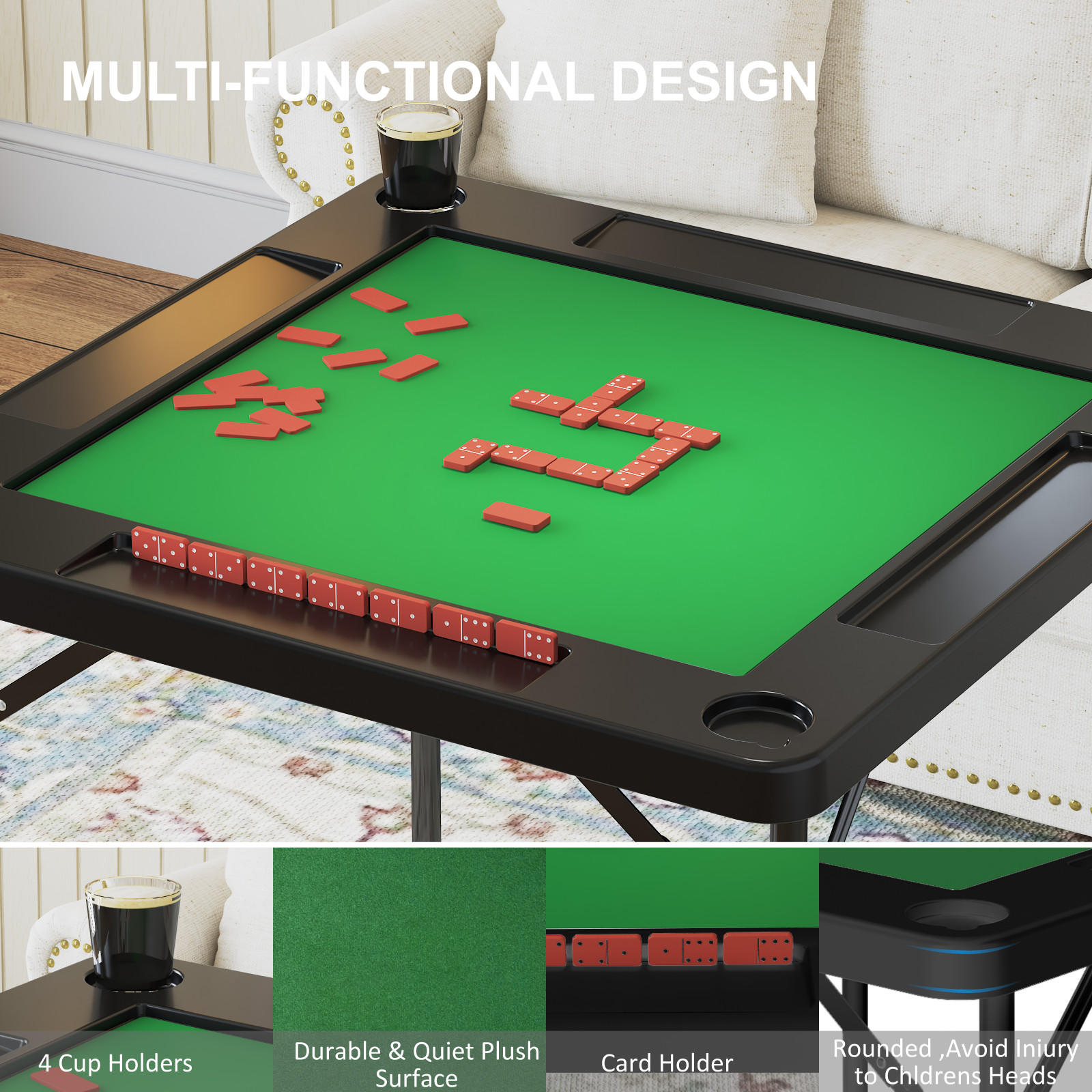 OROFULL Square Mahjong Table, Folding Game Table with Felt & Cup Holders, Black