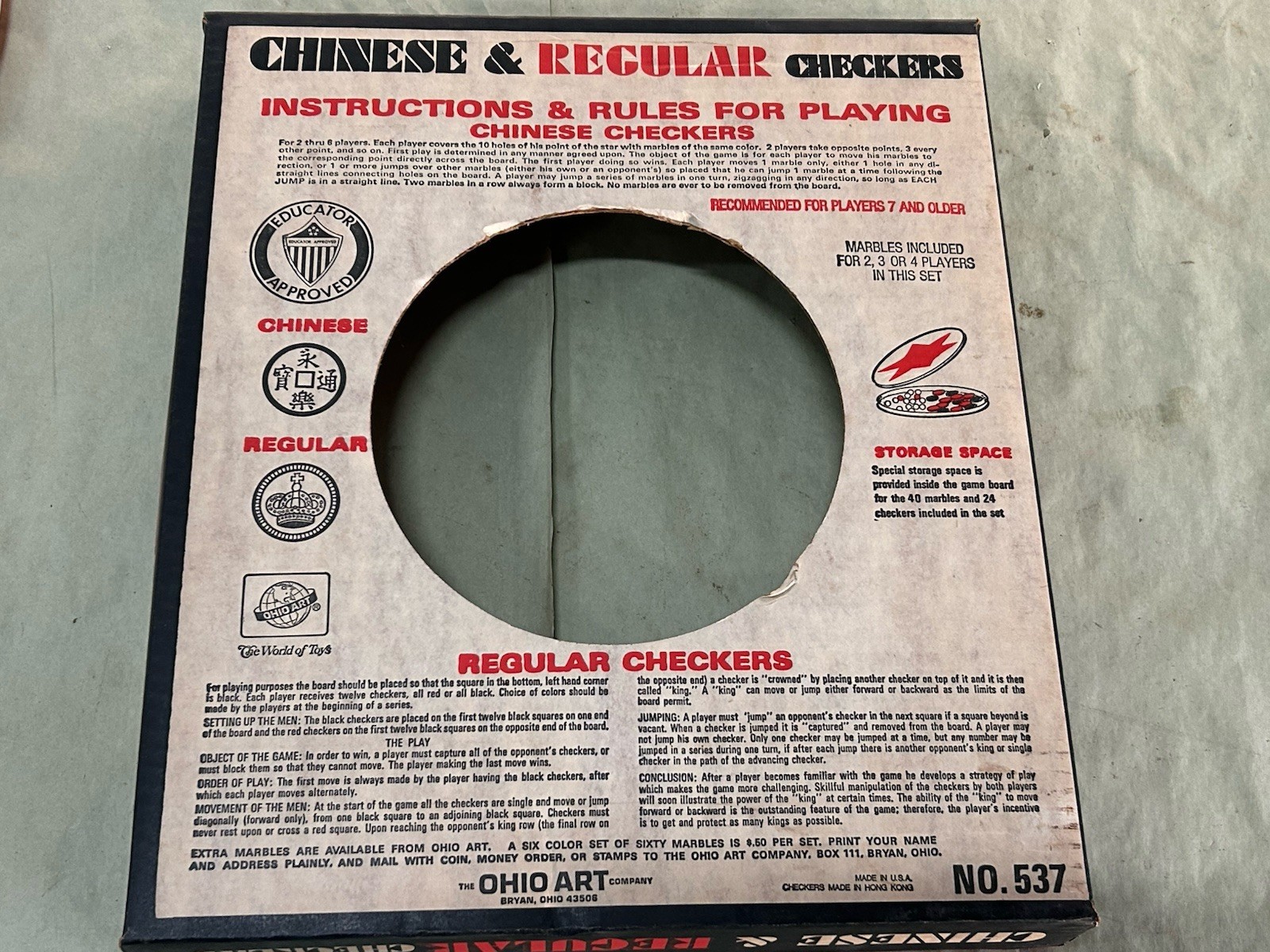 Vintage Ohio Art No. 537 Combo Chinese & Regular Checkers Game Open Faced Box