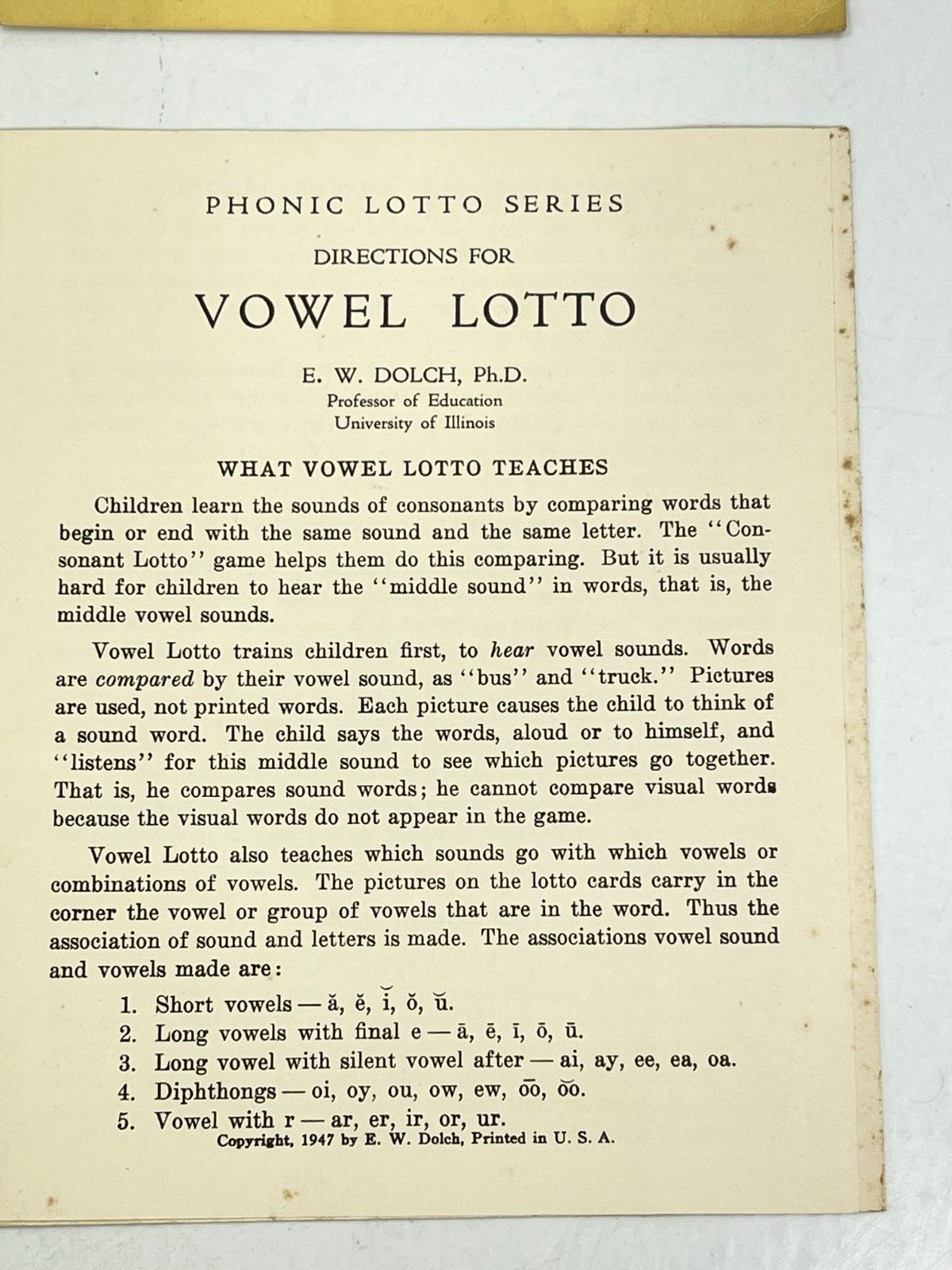 Vintage 1947 Vowel Lotto Phonic Game Garrad Vowels Children English Language