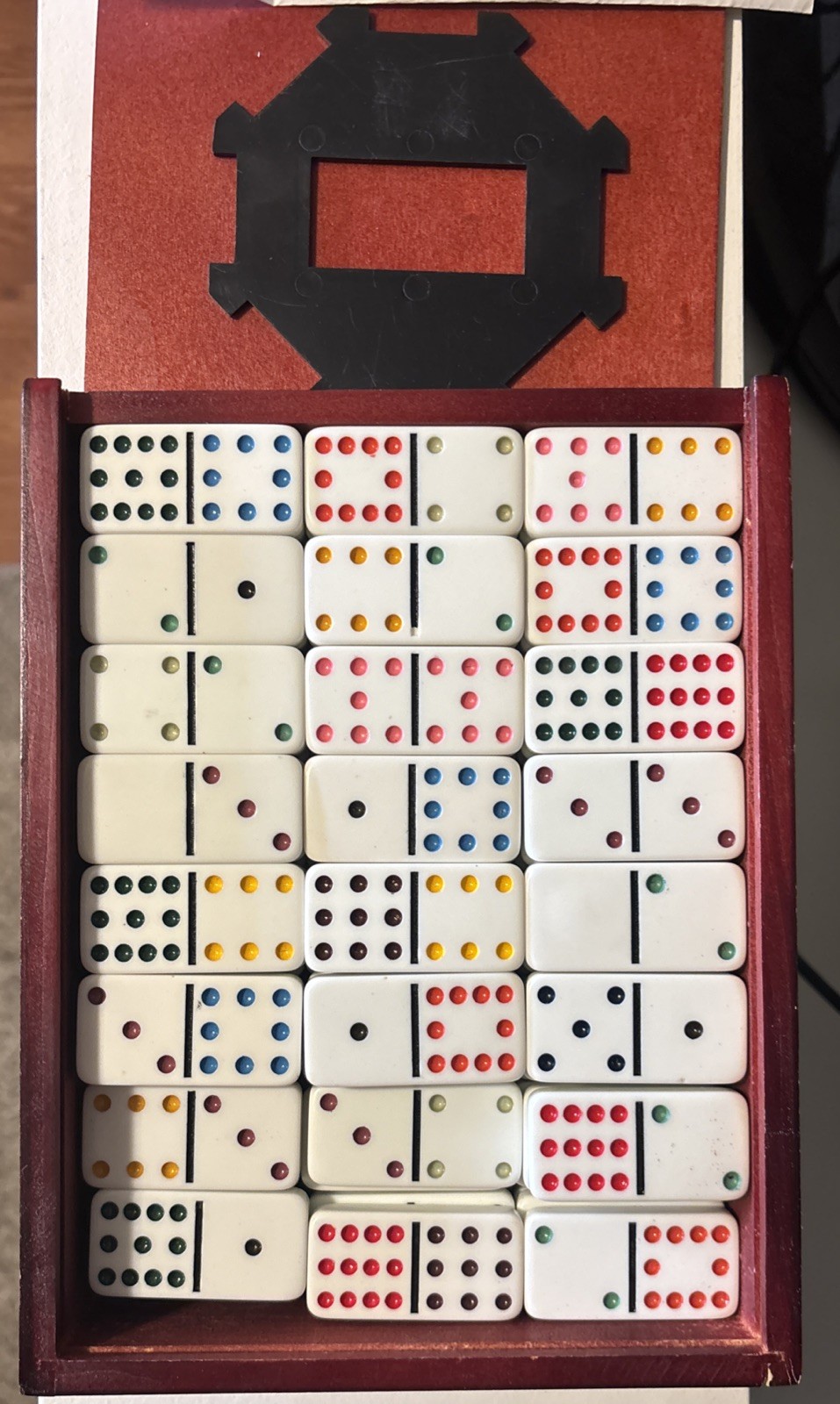 Vintage Dominoes Set of 91 Double Twelve Set In Color, Wooden Case & Central Hub