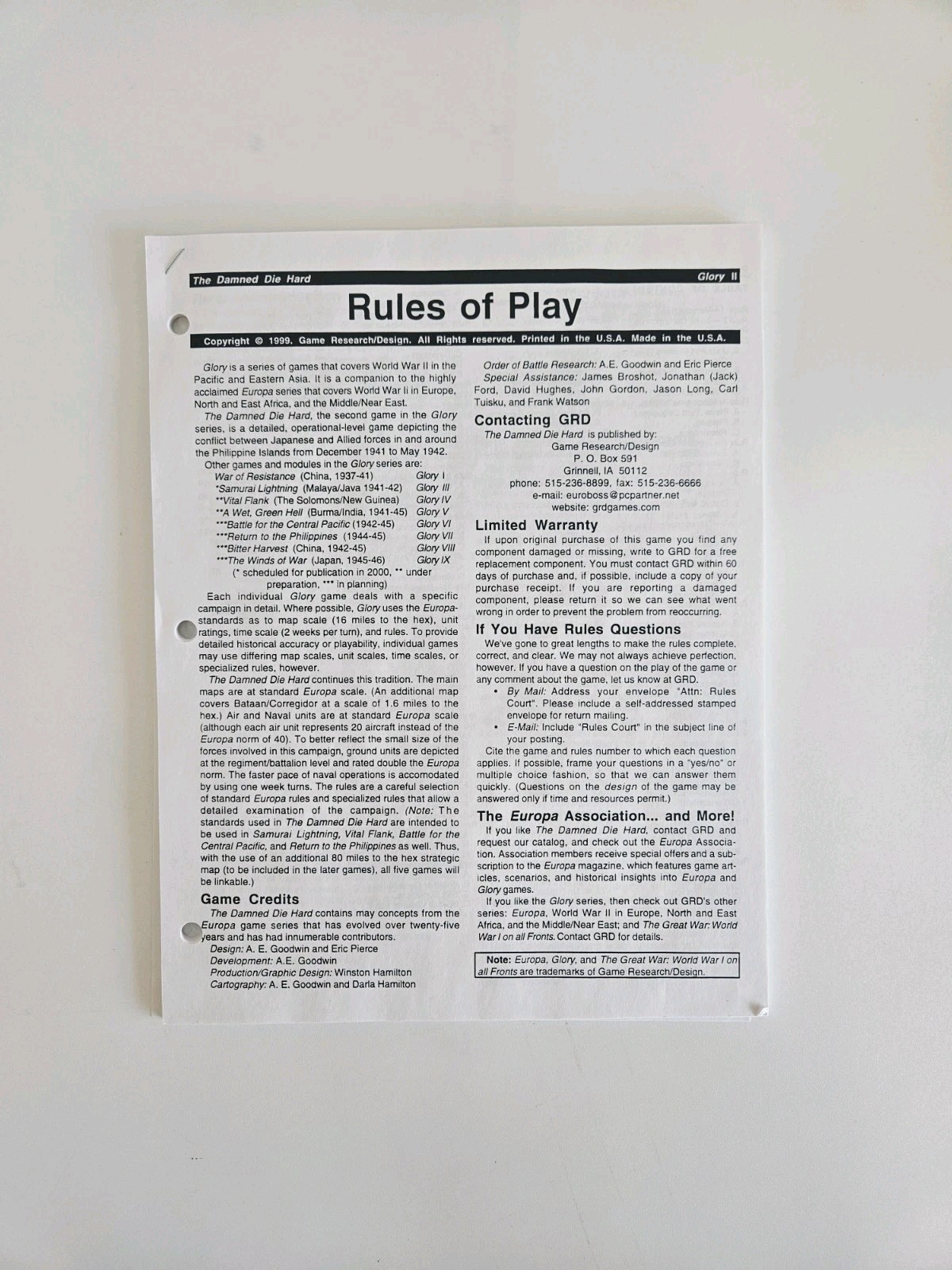 UNPUNCHED Damned Die Hard – Philippines ’41; GRD 911; 1999; Vintage Game