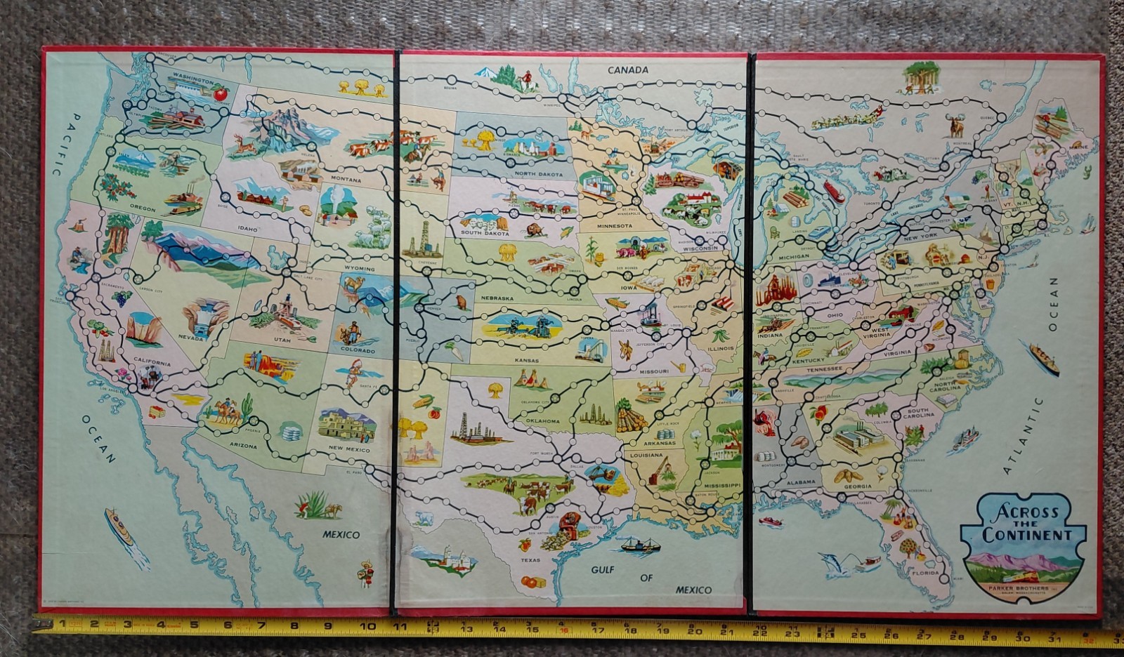 Antique 1952 ACROSS THE CONTINENT GAME BOARD ONLY PARKER BROTHERS 3-Fold USA