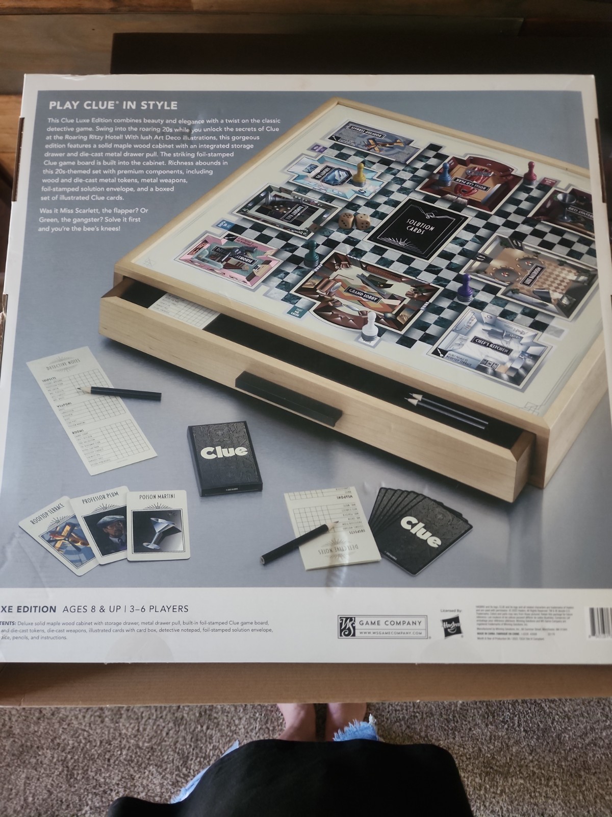 Large 20″ X 20″ Clue Board Game Luxe Edition Solid Maple Wood Cabinet – New
