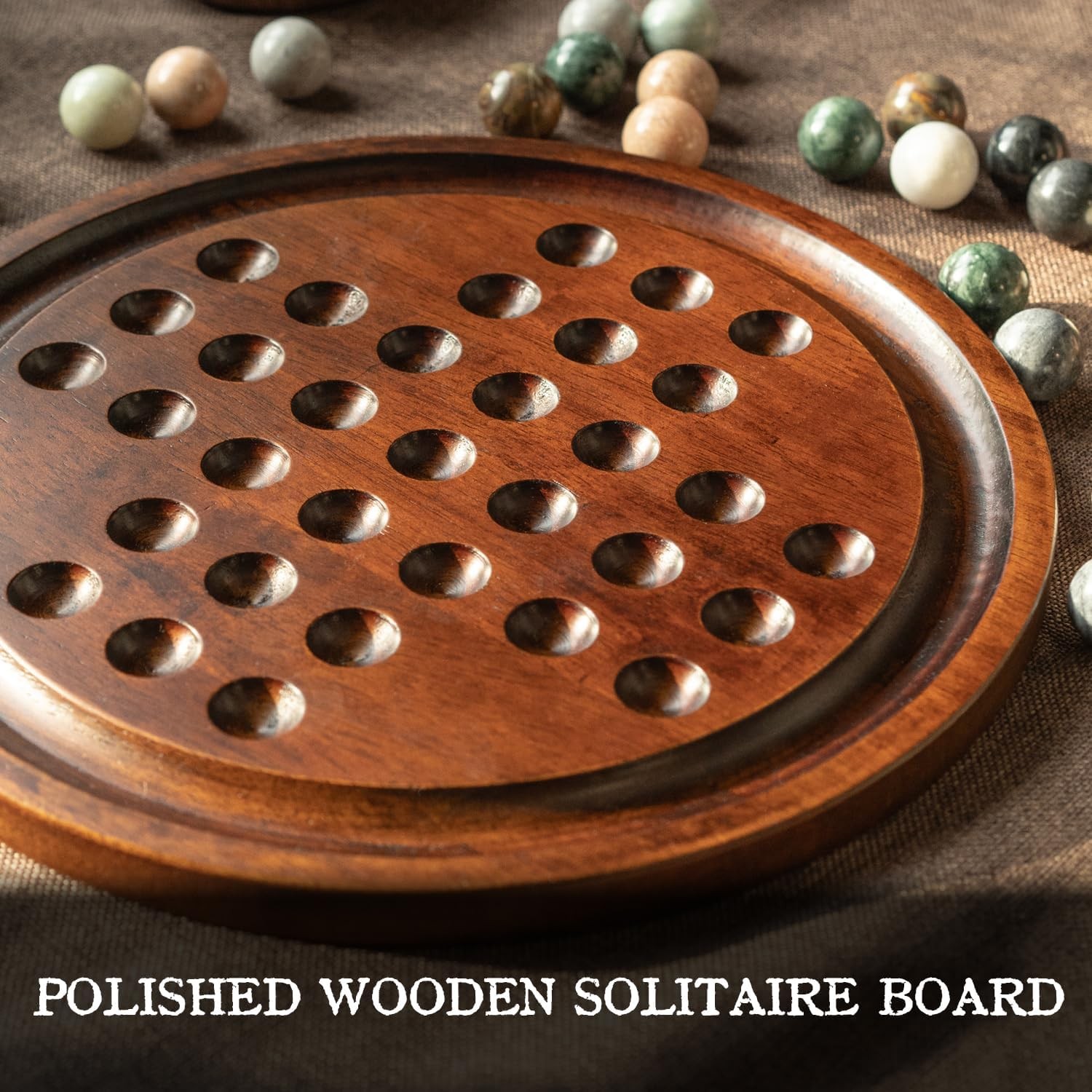 Deluxe Solitaire Game Set: 12.6” Solid Wooden Board, 32 Natural Marble Balls, S