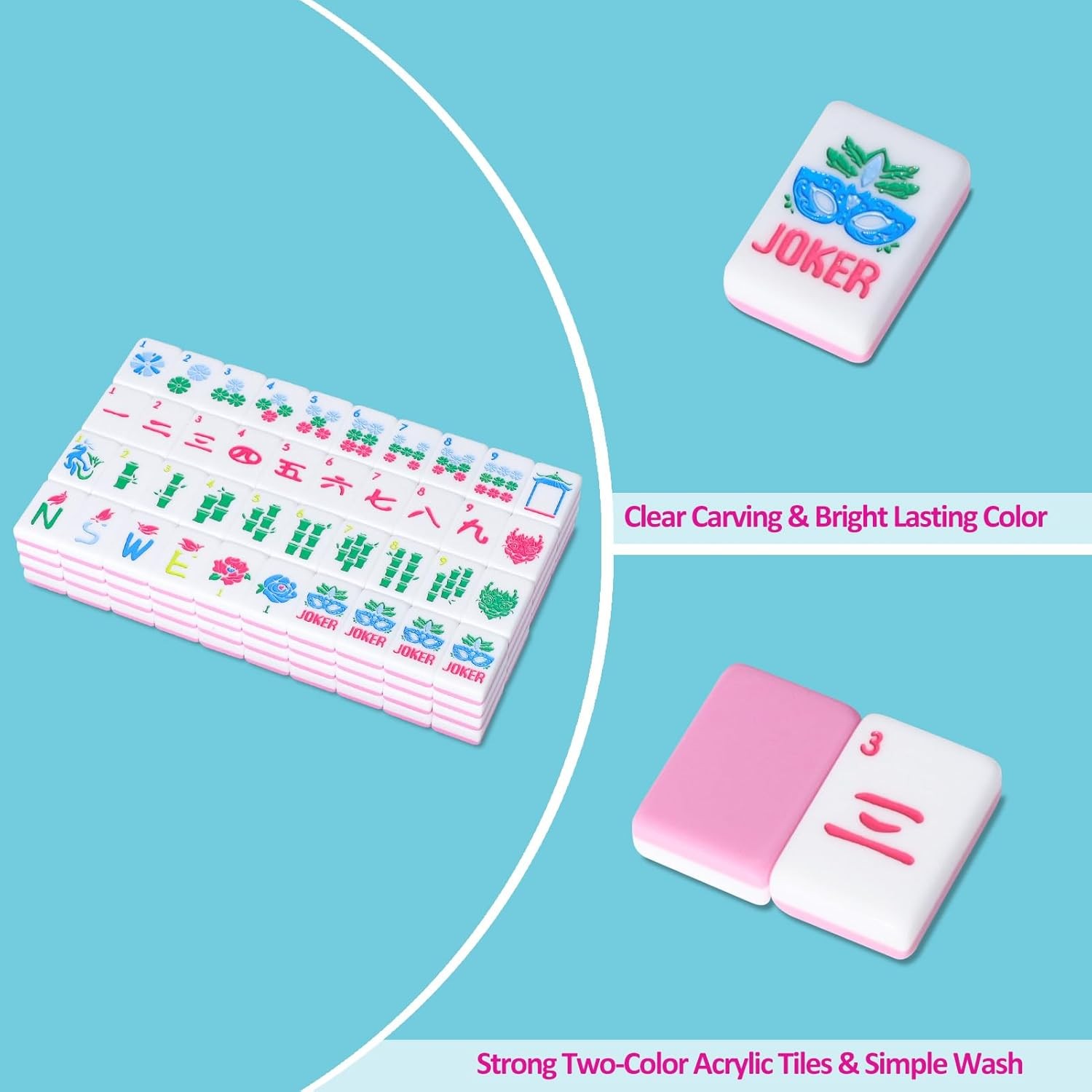American Mahjong Tile Set(Pink) with Carrying Bag and Accessories, 160 Acrylic E