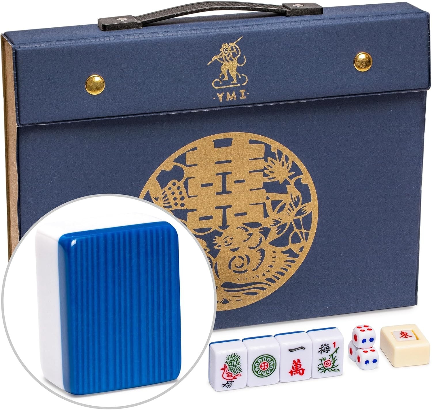 Yellow Mountain Imports Bleau Royal Chinese Mahjong Set 146 Med Tiles Blue Case