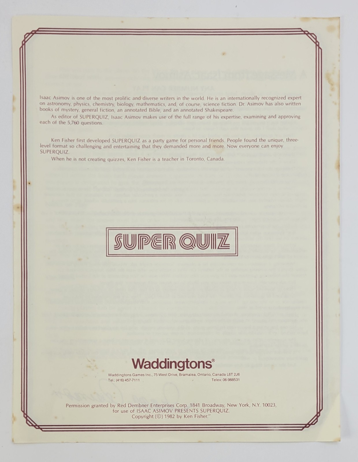 Isaac Asimov Presents SUPER QUIZ Board Game Waddington Complete 1982 1st Edition