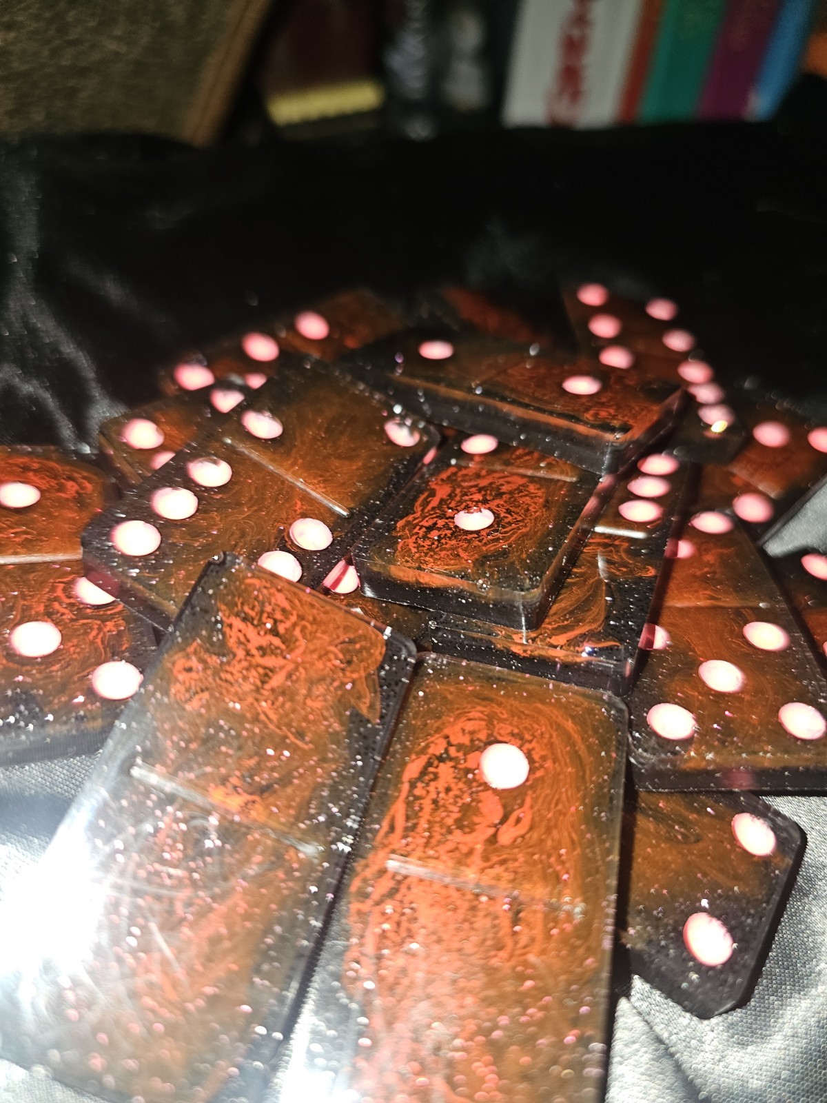 Custom Black and Red Dominoes Set with Pink Dots, Tile Game, Complete