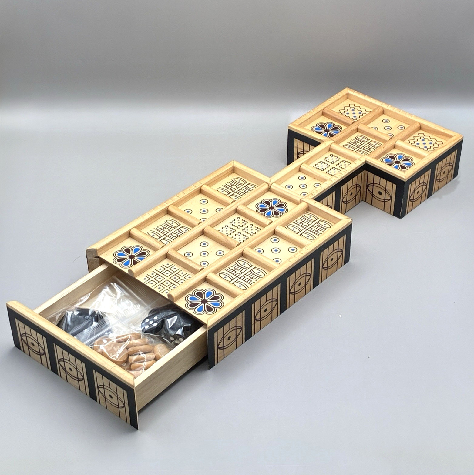 The Royal Game of UR Board Game Ancient Strategy Wood Board w/ Storage Drawer