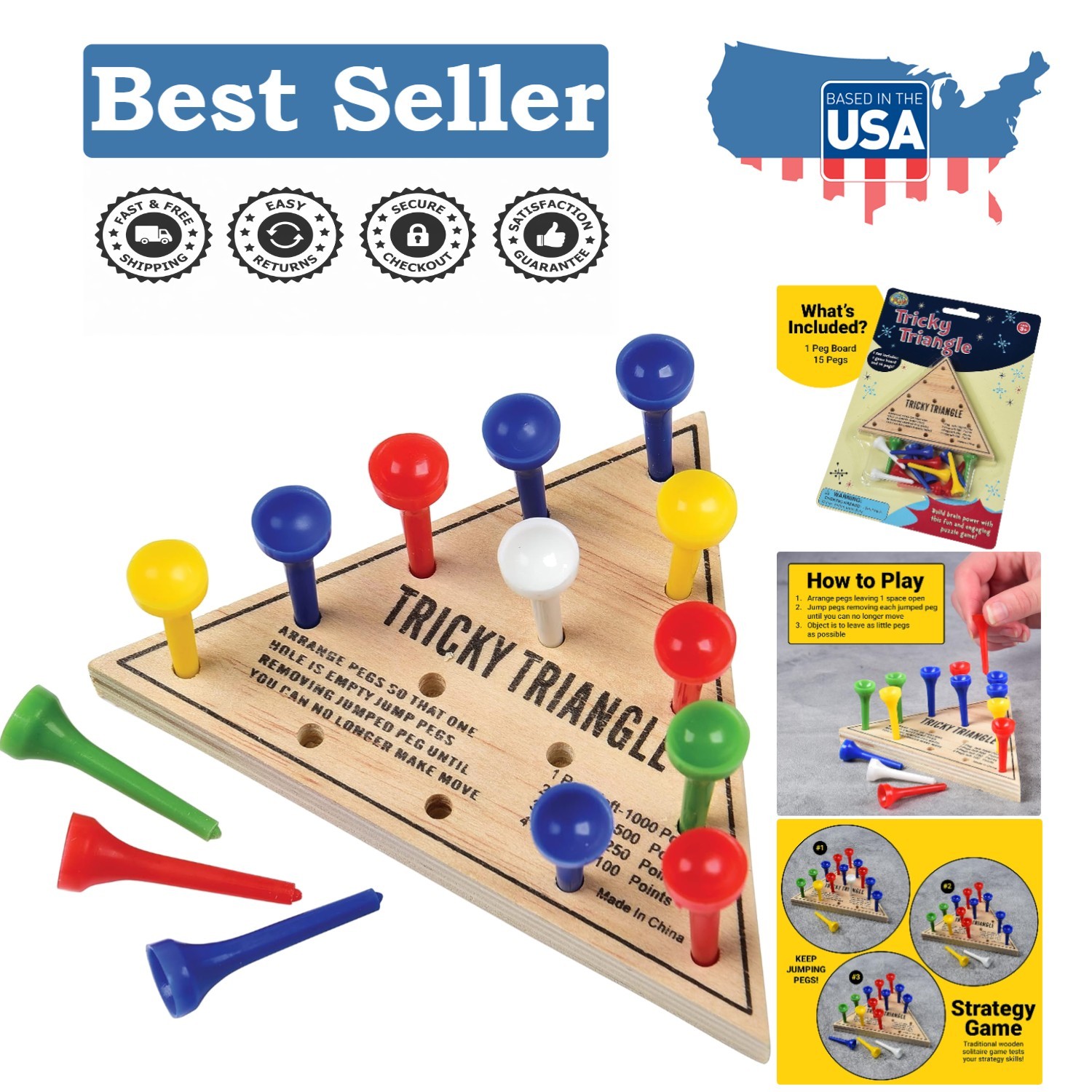 Traditional Wooden Solitaire Game – Assorted Colored Pegs for Mindful Play