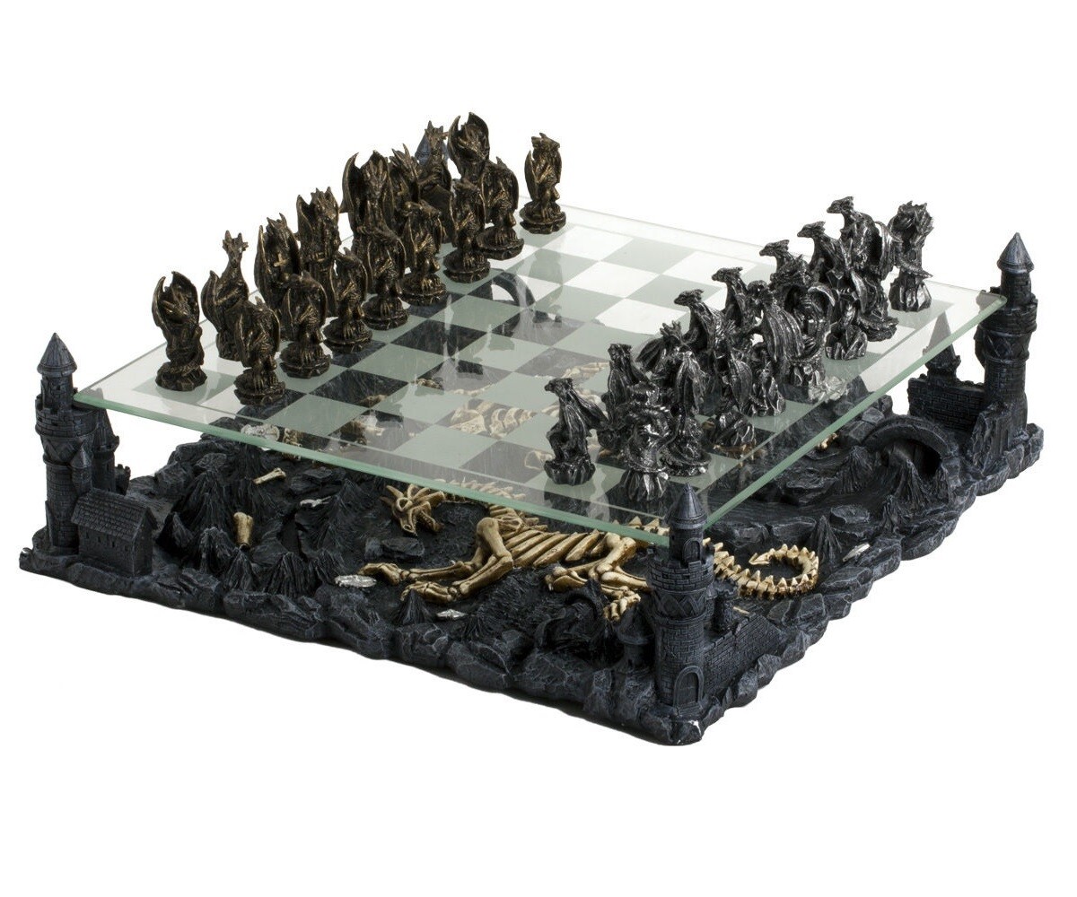 Medieval Dragon Chess Set with Castle Platform Pewter Metal Pieces