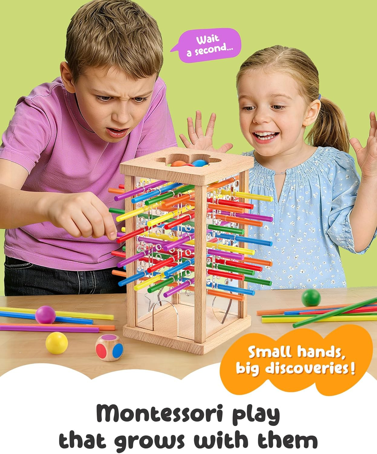 Montessori Wooden Board Game with 42 Colorful Sticks for Kids Ages 3-6