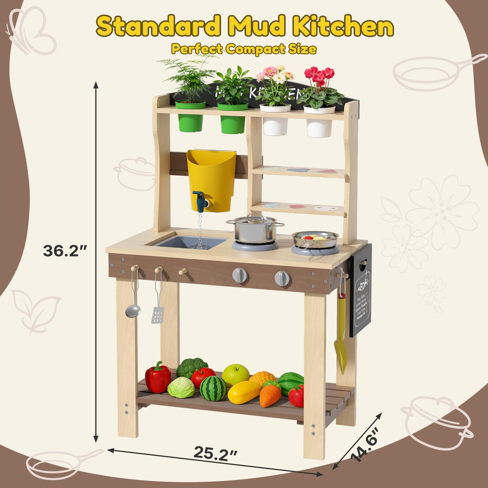 Mud Kitchen Wooden Outdoor Play Sink Faucet Toddlers Brown 35.6 H BIERUM Kids