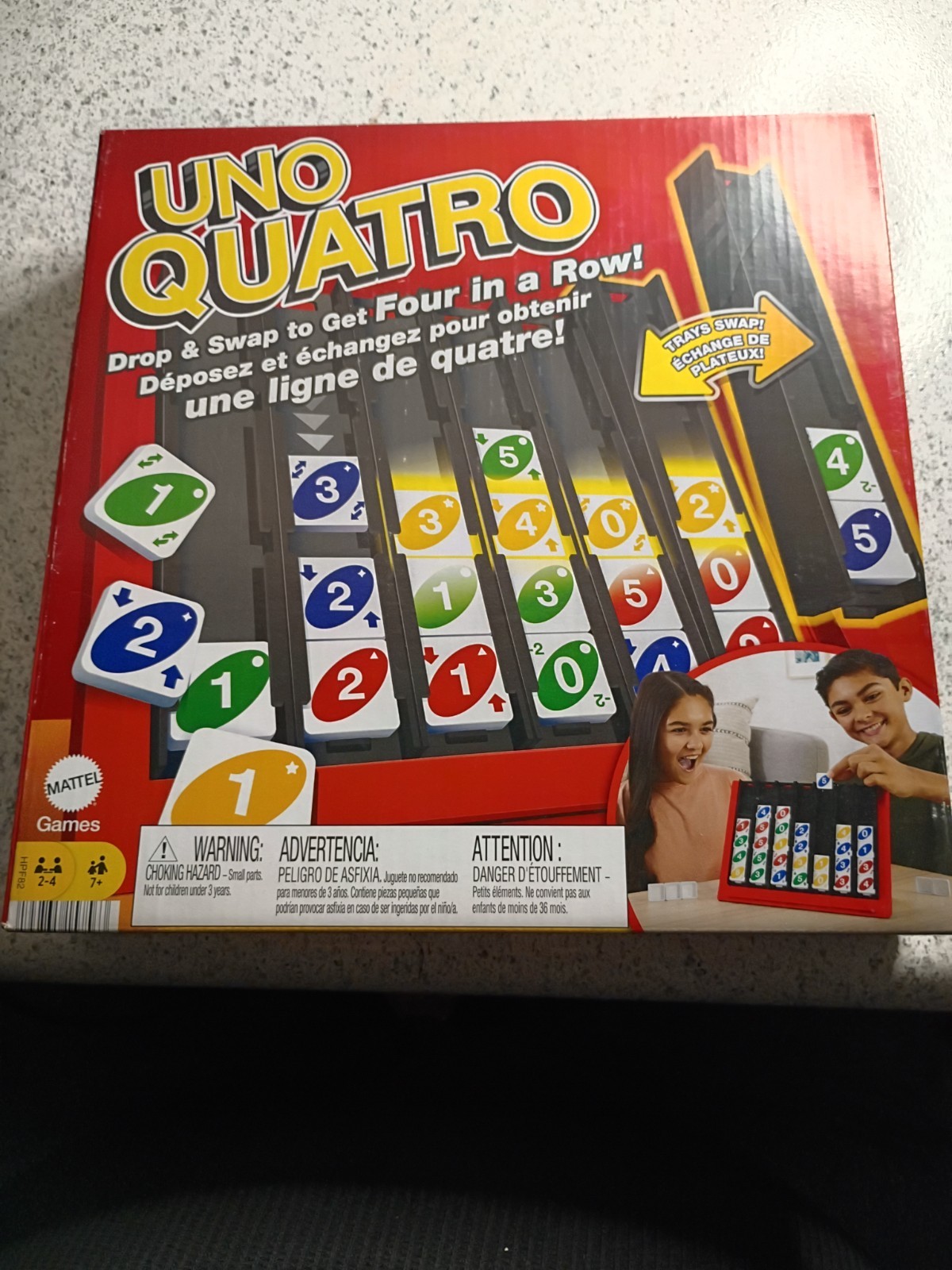 UNO Quatro Game with Colored Tiles & Plastic Game Grid for Adults/Family
